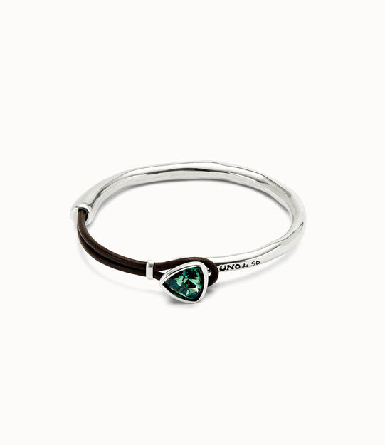 Bangle bracelet with leather and green crystal