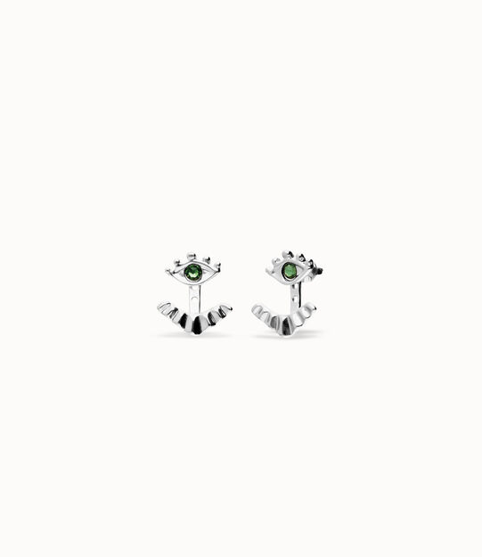 Boucles d’oreille plaquées argent en forme d'œil avec cils et cristal à facettes vert