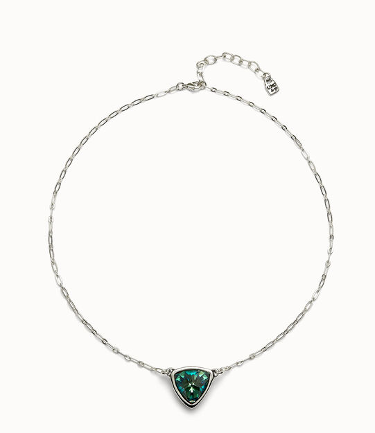 Pendant chain link necklace with green crystal, Silver Pendant chain link necklace with green crystal