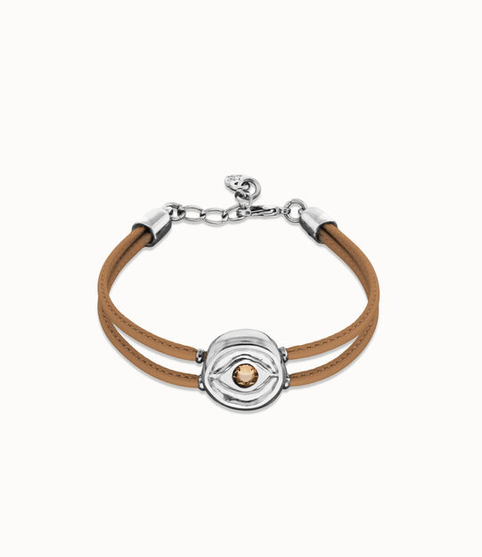 Pulsera doble de cuero crema con ojo bañado en plata de ley, Plateado Pulsera doble de cuero crema con ojo bañado en plata de ley