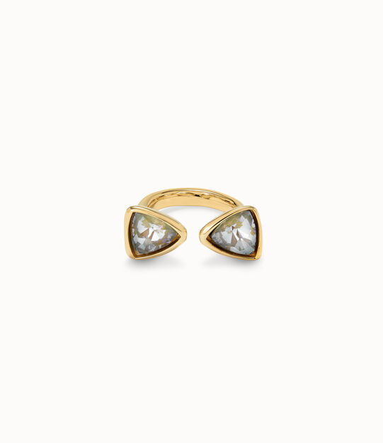 Anello placcato oro 18k con due cristalli multicolori di forma triangolare, Dorado Anello placcato oro 18k con due cristalli multicolori di forma triangolare