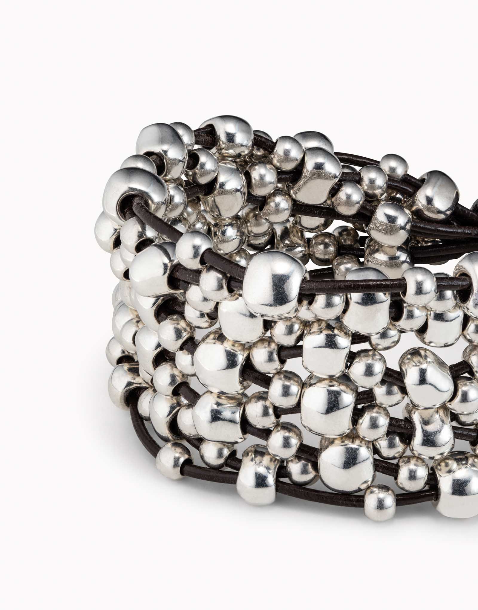 Leather beaded bracelet, Silver, large thumbnail