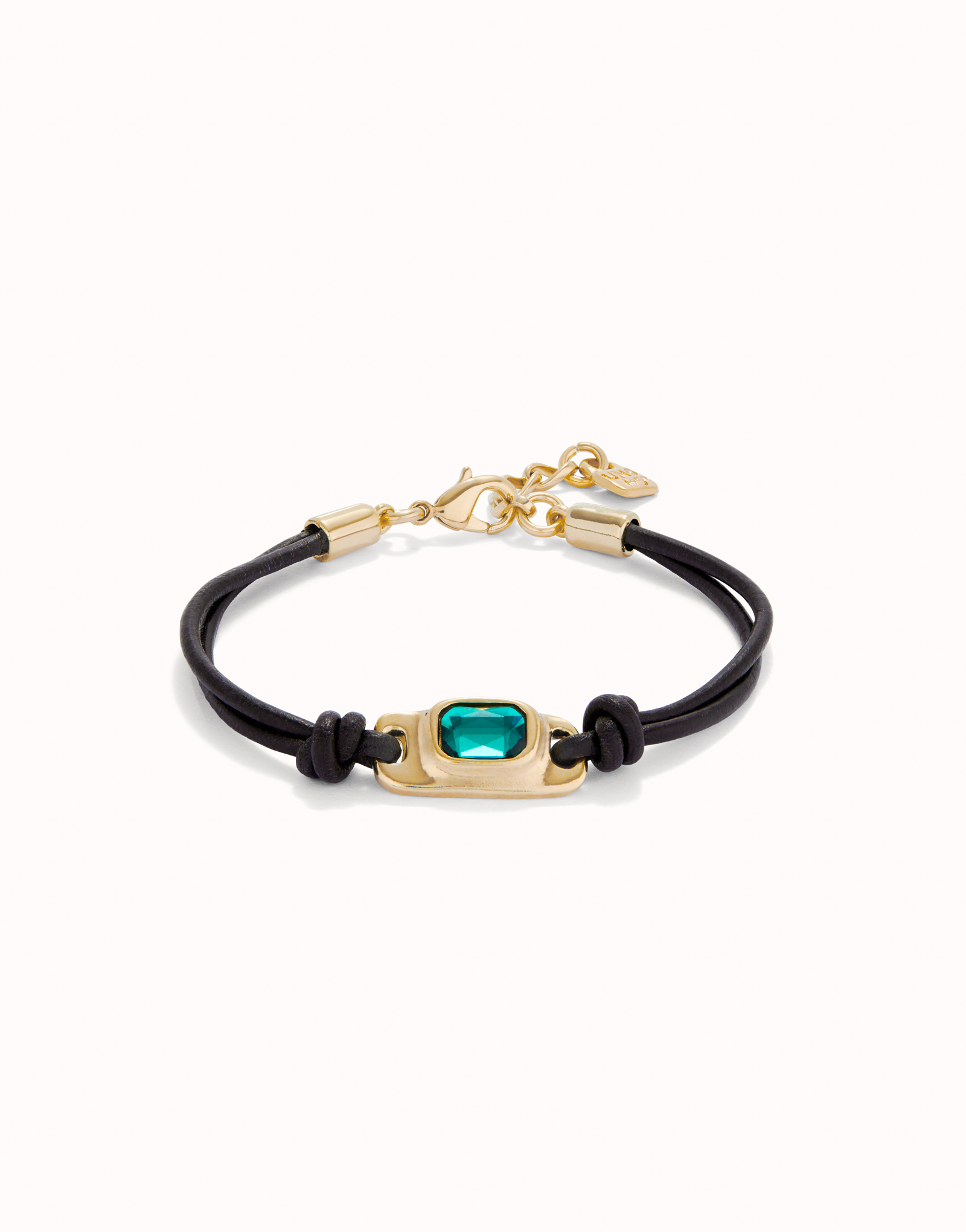 Leather bracelet with a green crystal, Golden, large thumbnail