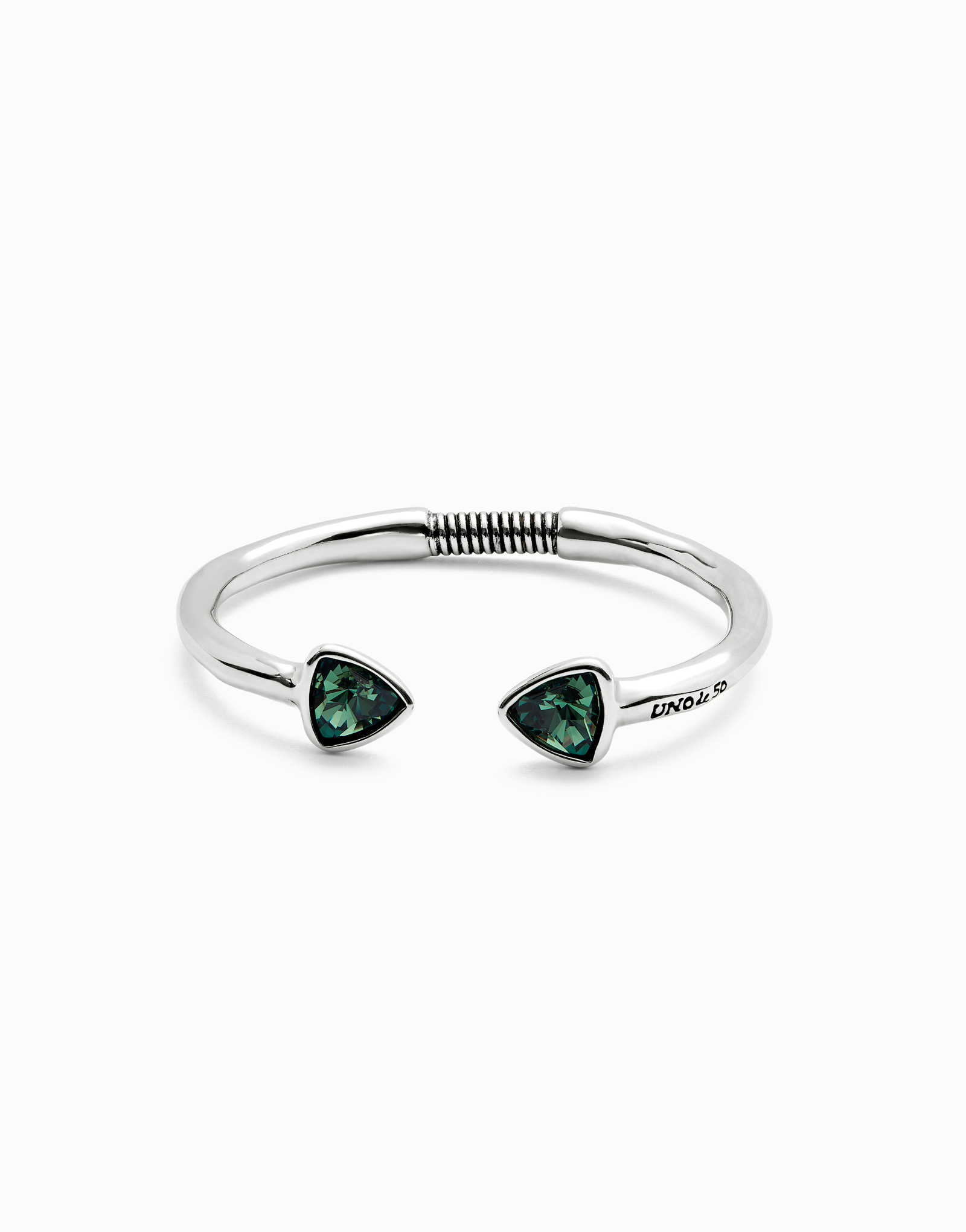 Cuff bracelet with two green  crystals, Silver, large thumbnail