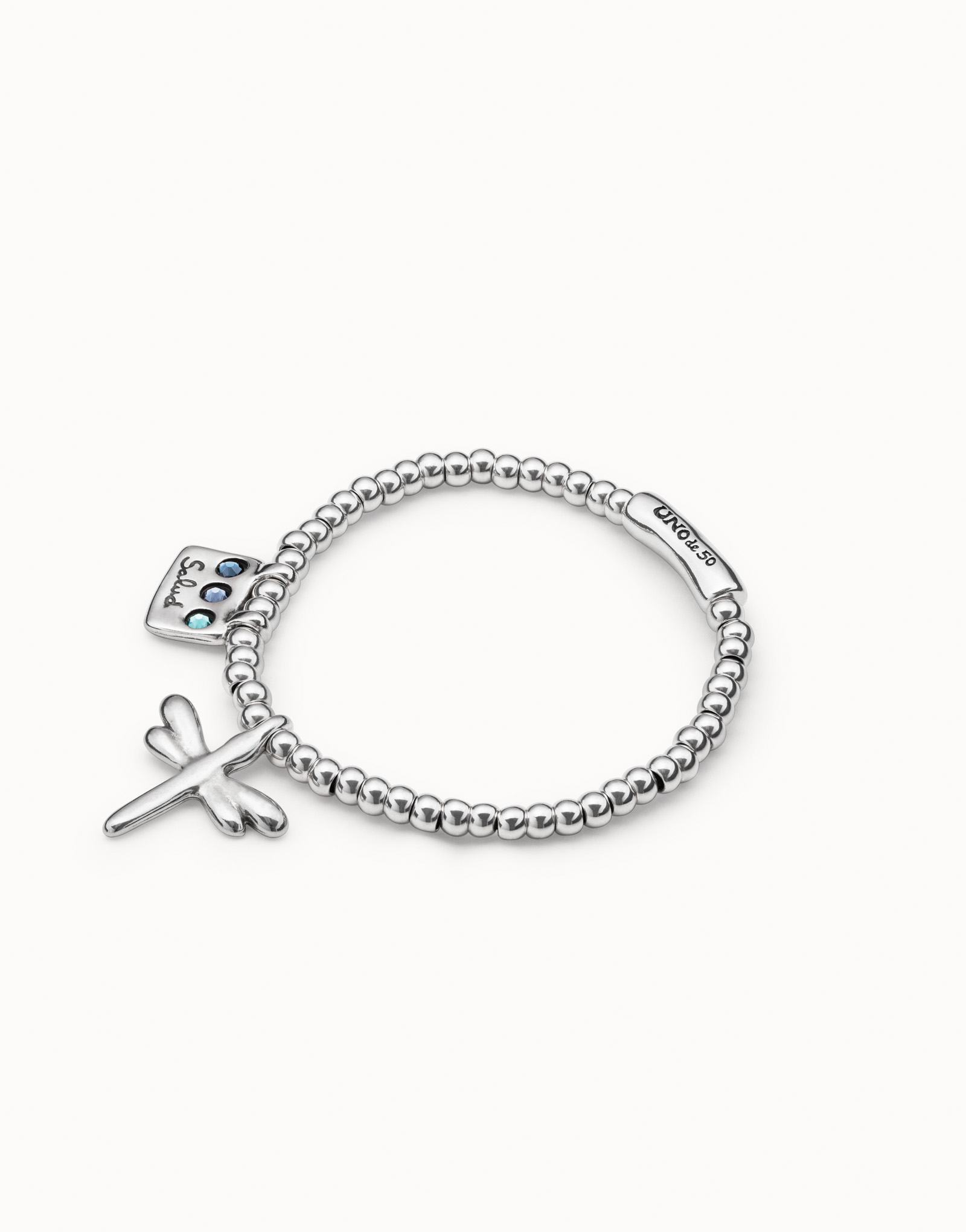 Pulsera elástica bañada en plata de ley con mensaje Salud, Plateado, large thumbnail