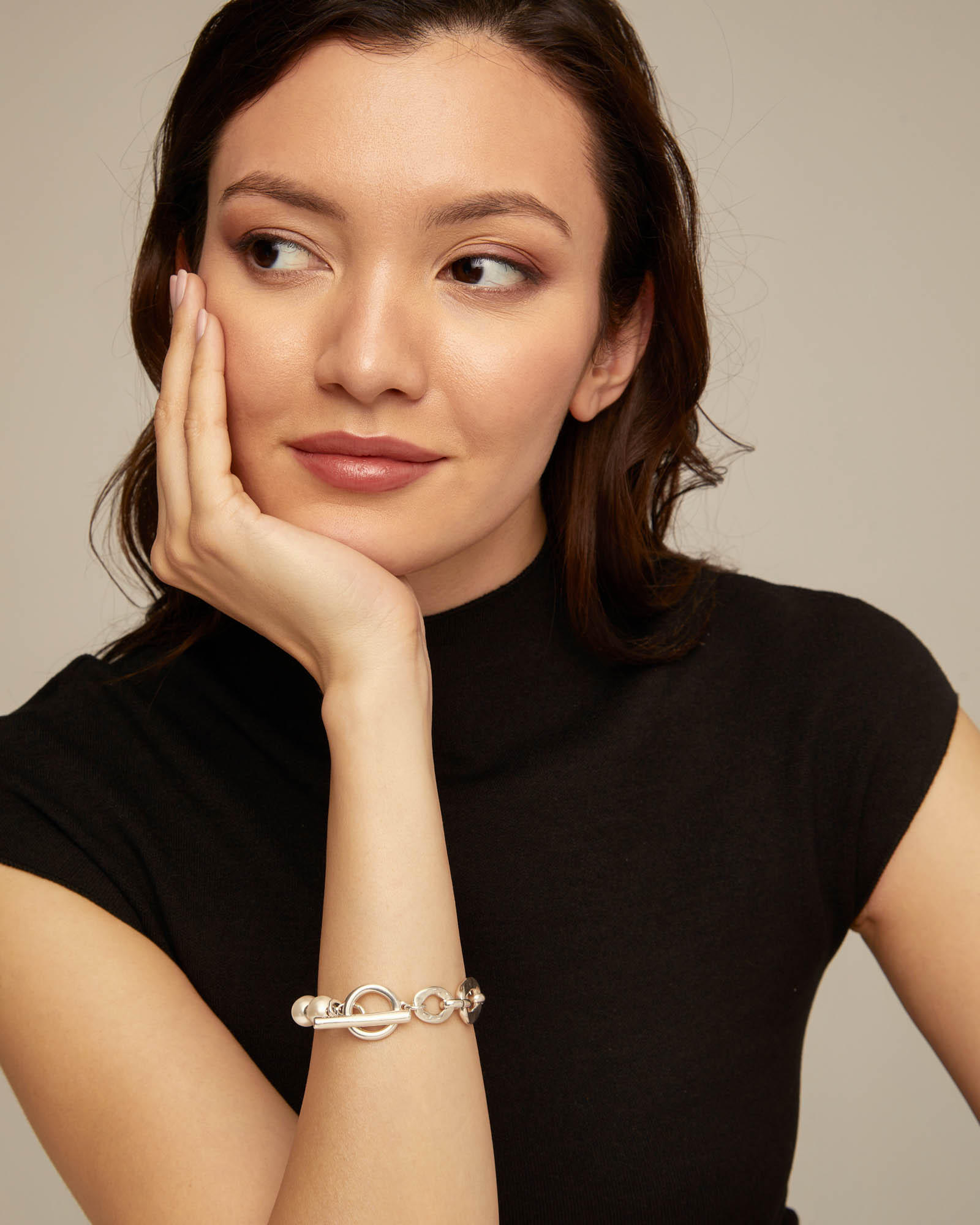 Link chain bracelet with pearls, Silver, large thumbnail