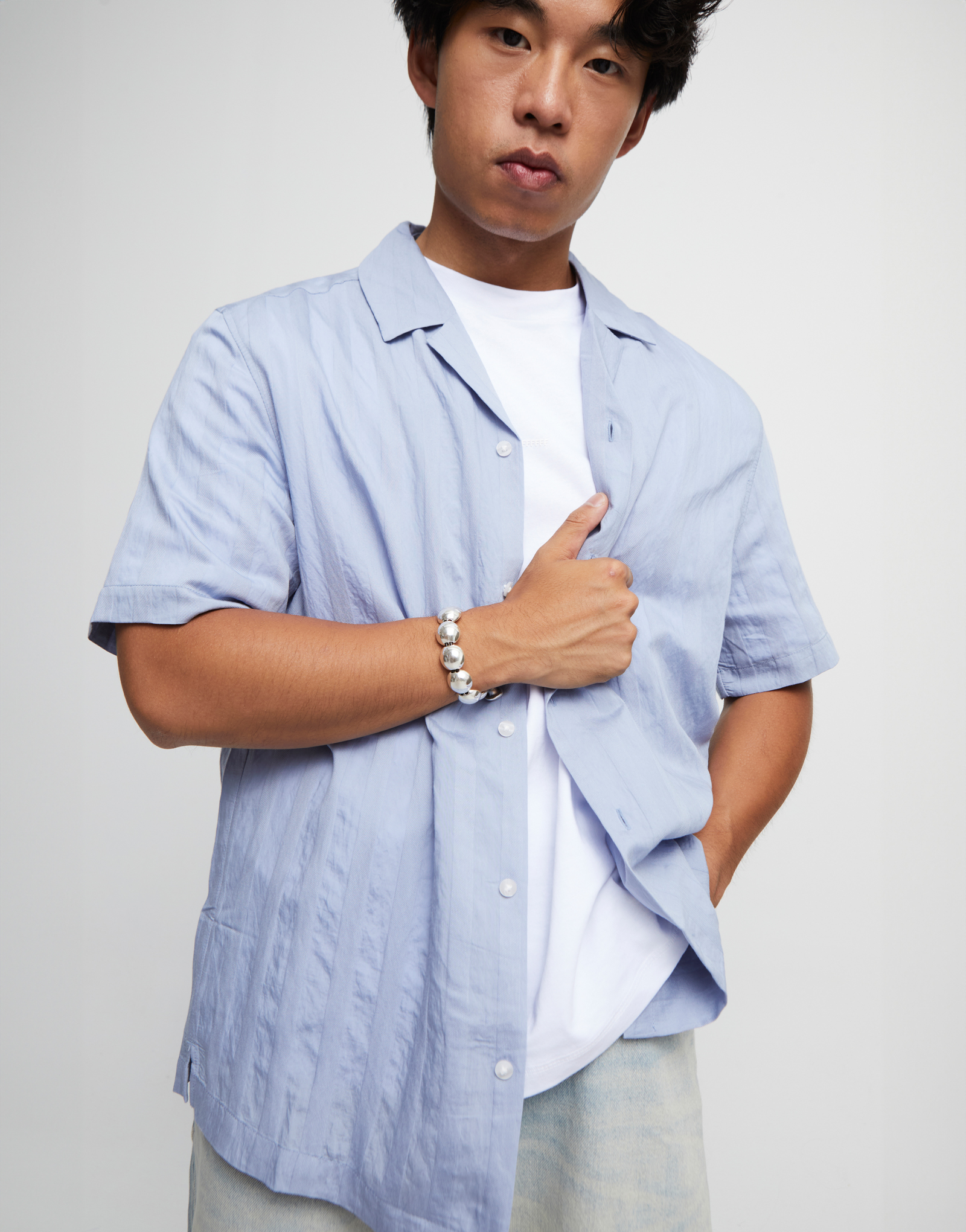 Leather bracelet with large round beads, Silver, large thumbnail