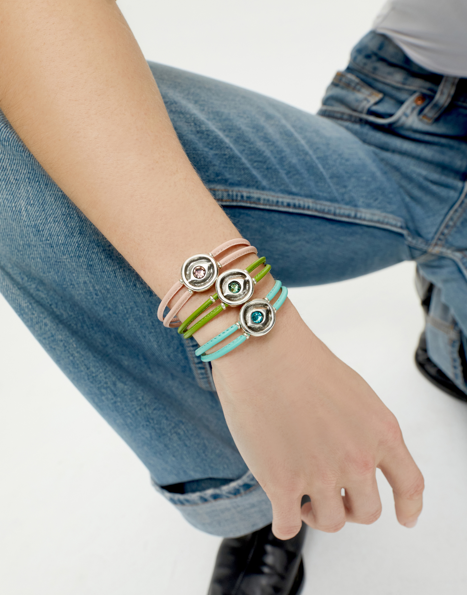 Double turquoise leather birthstone bracelet with eye, Silver, large thumbnail