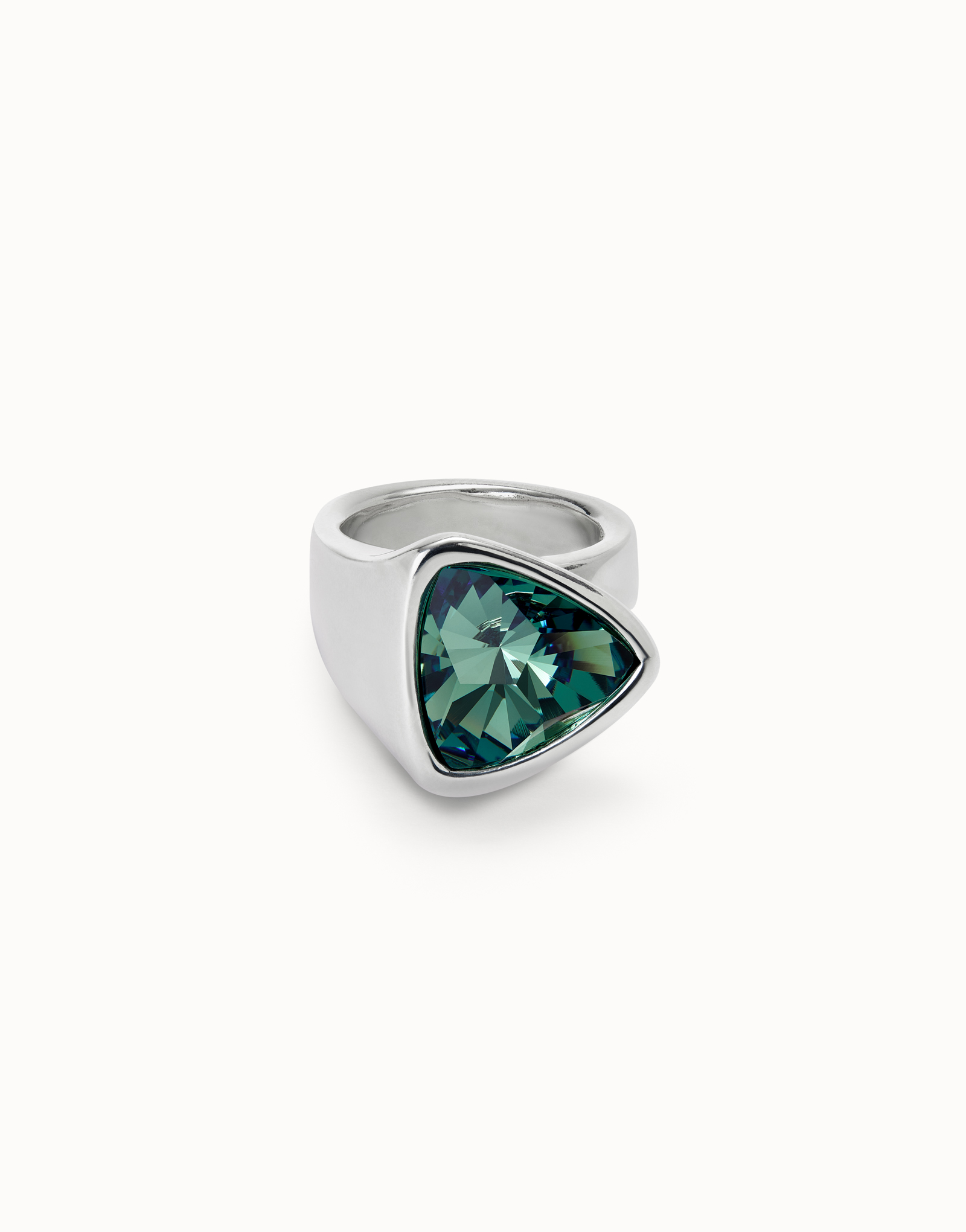Triangular ring with green crystal, Silver, large thumbnail