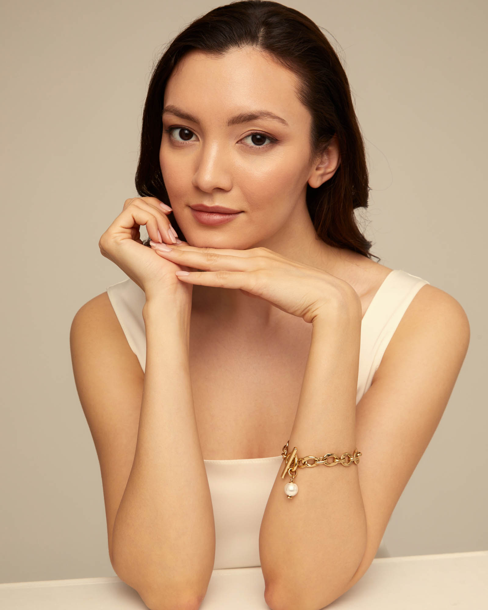 Large link chain bracelet with a pearl, Golden, large thumbnail