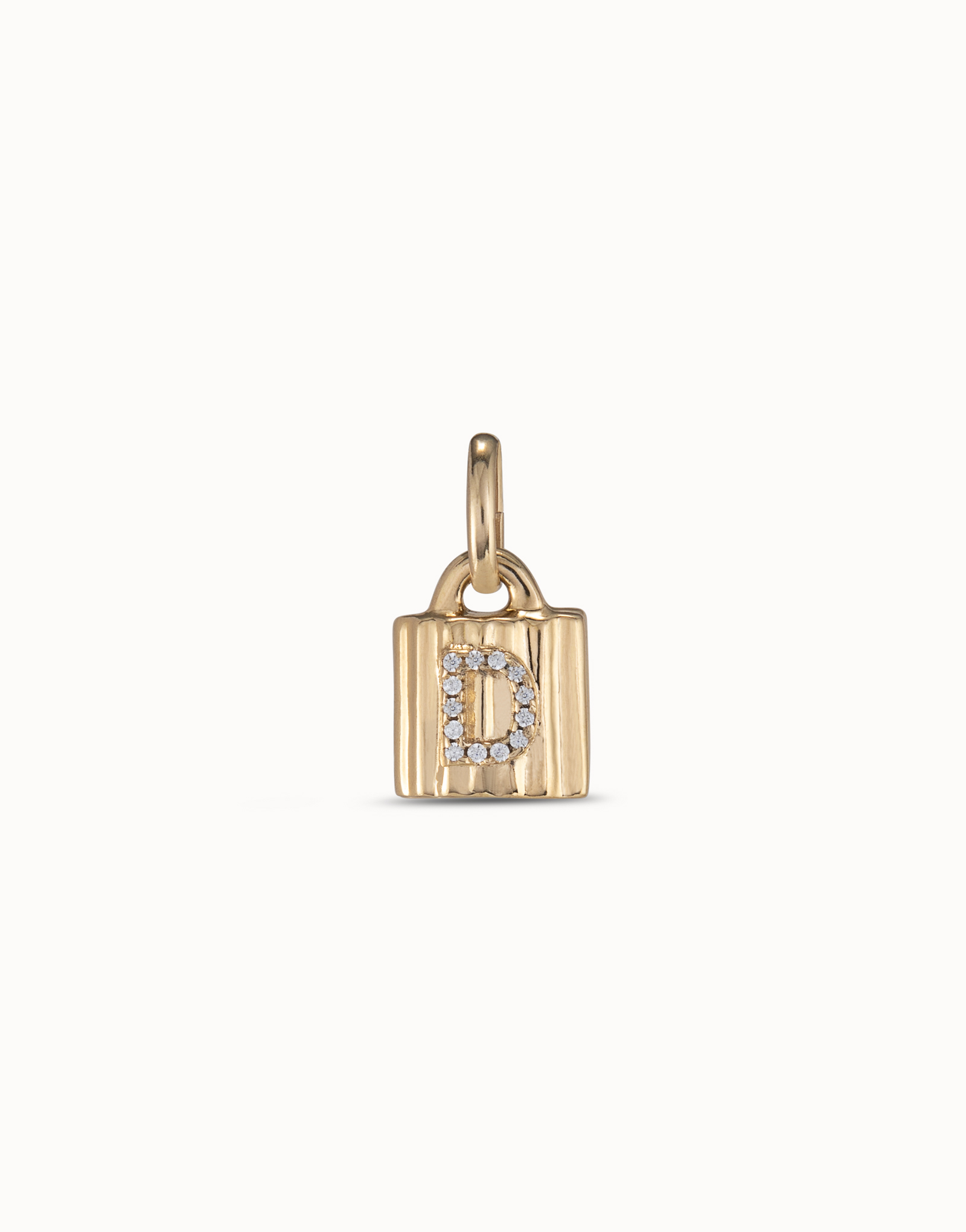 18K gold-plated padlock charm with topaz letter D, Golden, large thumbnail