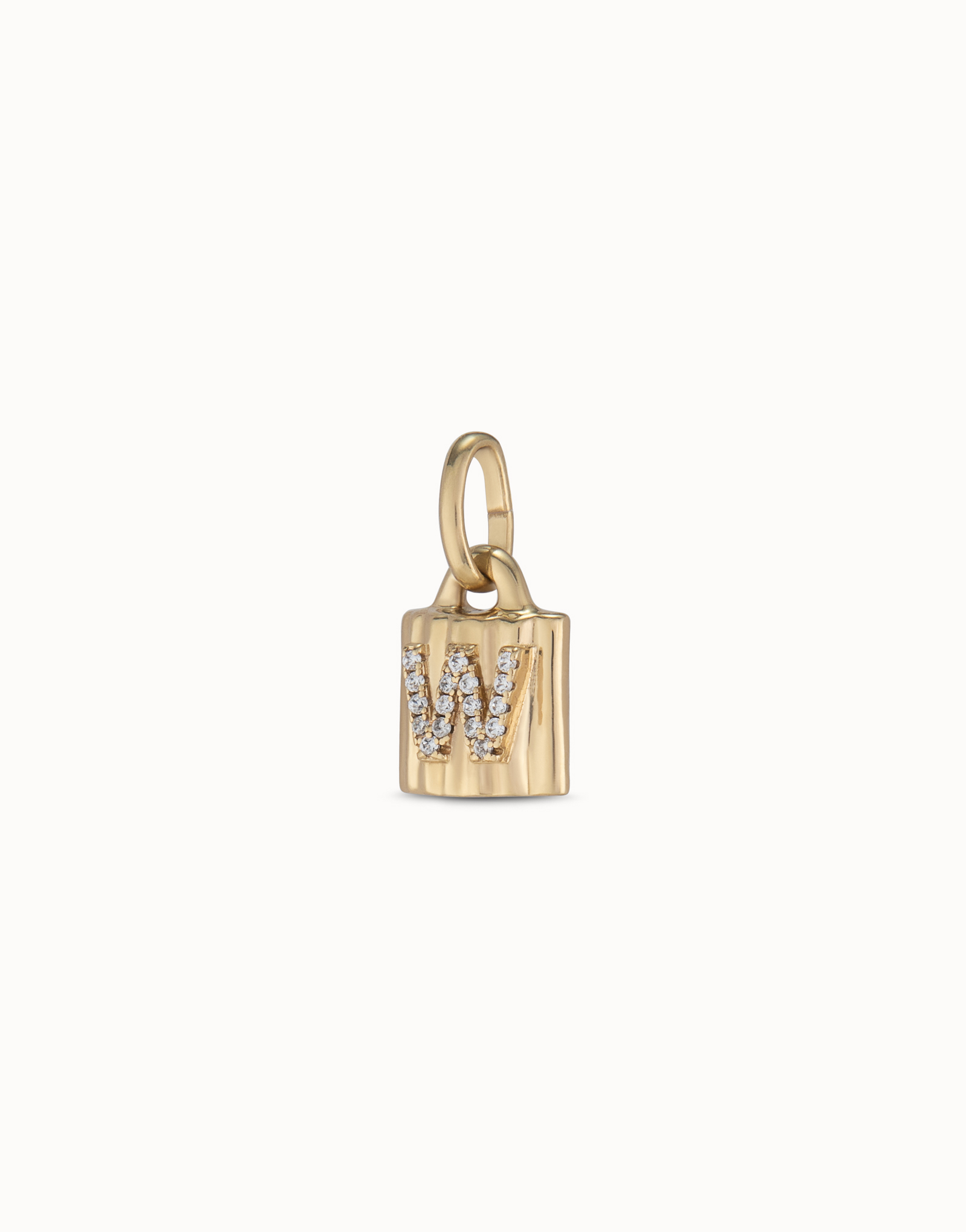 18K gold-plated padlock charm with topaz letter W, Golden, large thumbnail