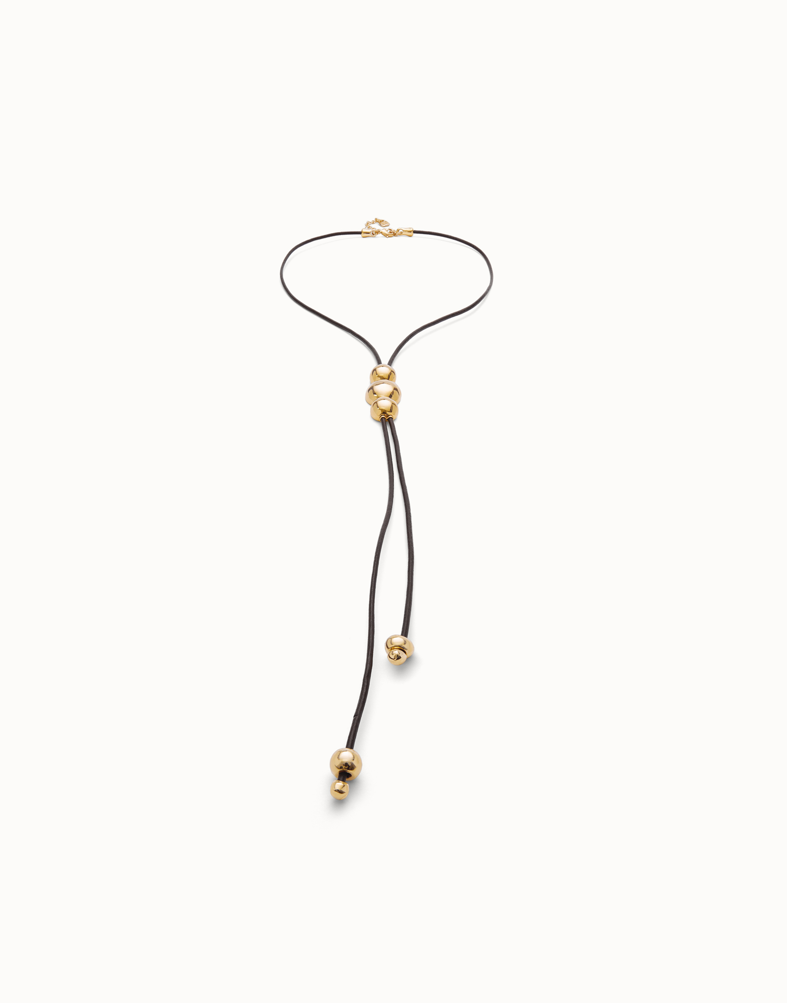 Long leather necklace with three central beads, Golden, large thumbnail