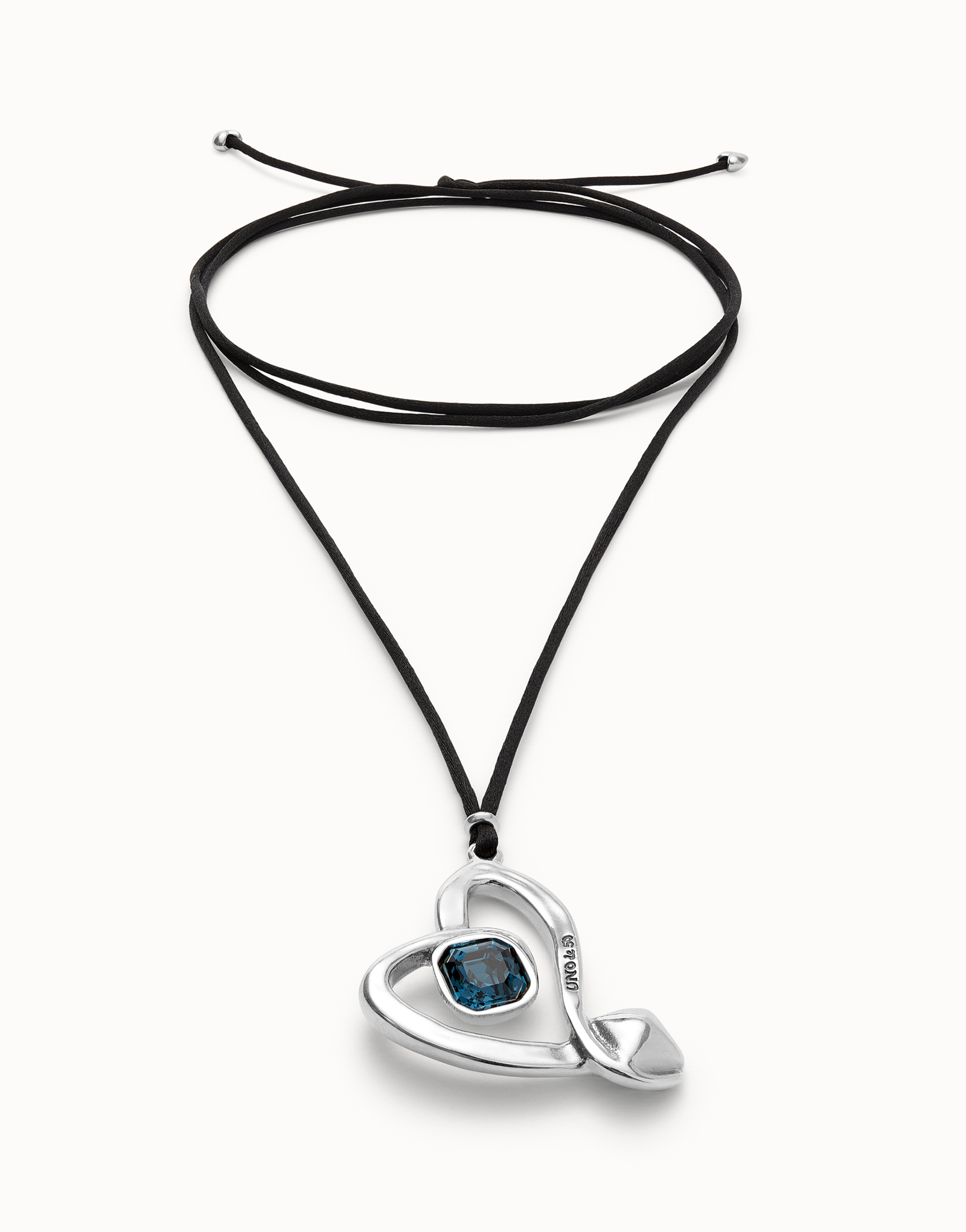 Long pendant and central heart with blue crystal, Silver, large thumbnail