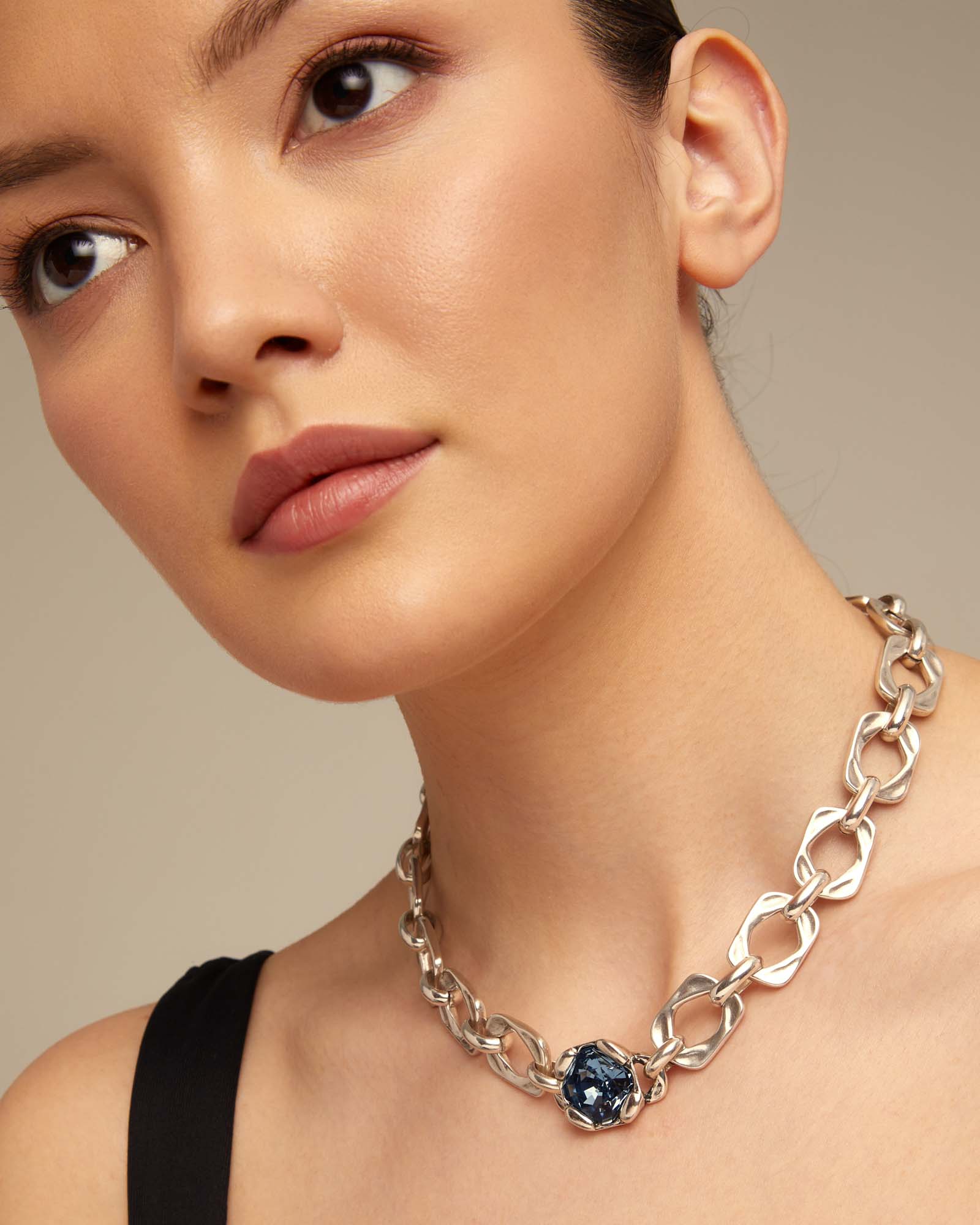 Short link chain necklace with large blue crystal, Silver, large thumbnail