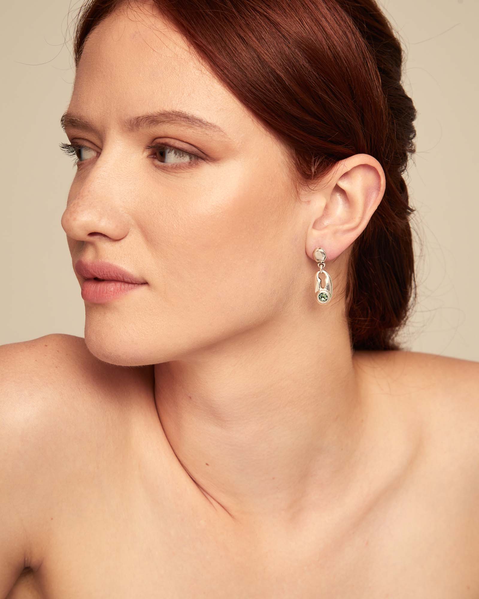 Drop earrings with green crystal, Silver, large thumbnail