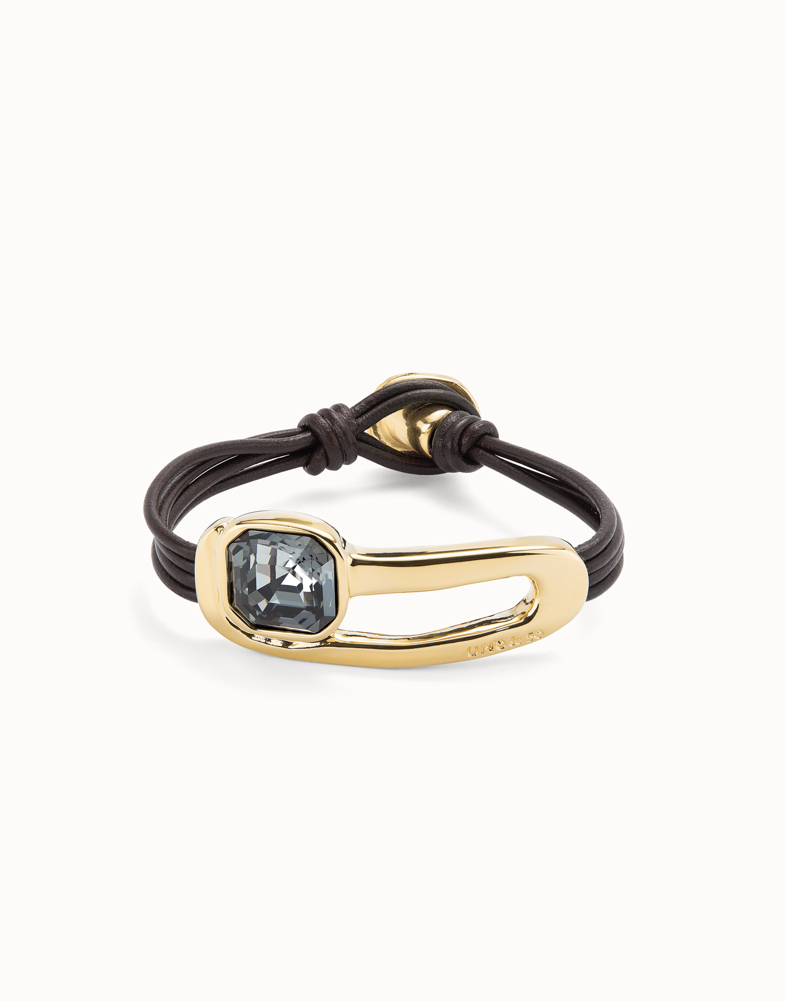 Leather bracelet with a black crystal, Golden, large thumbnail