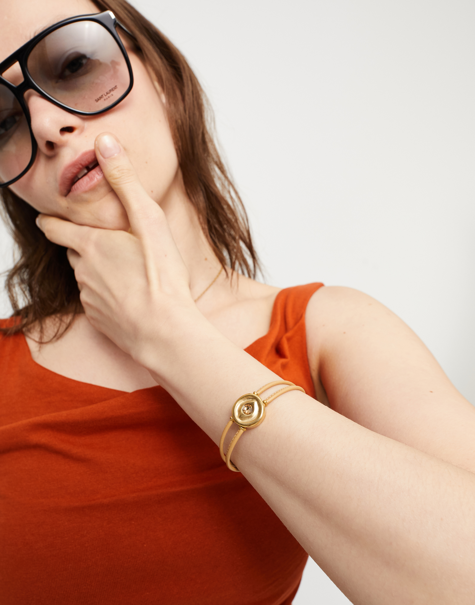 Double cream leather birthstone bracelet with eye, Golden, large thumbnail