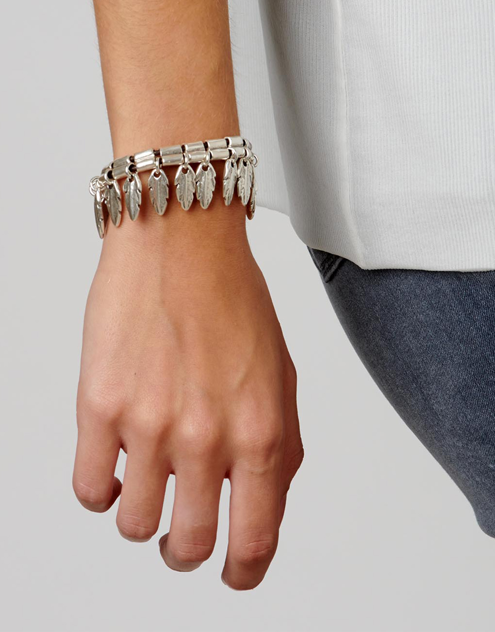 Leather bracelet with feathers, Silver, large thumbnail