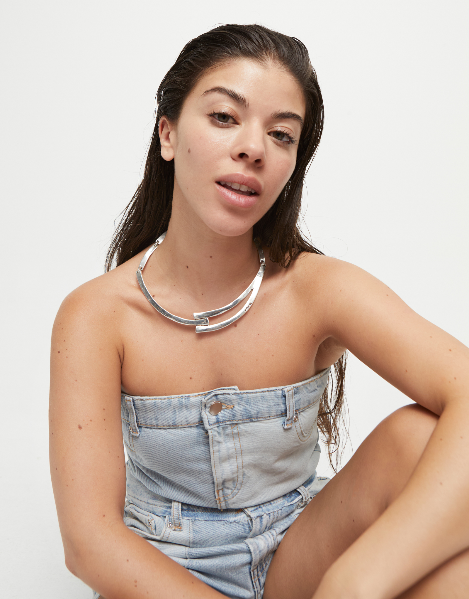 Collar rígido bañado en plata de ley y formas geométricas, Plateado, large thumbnail