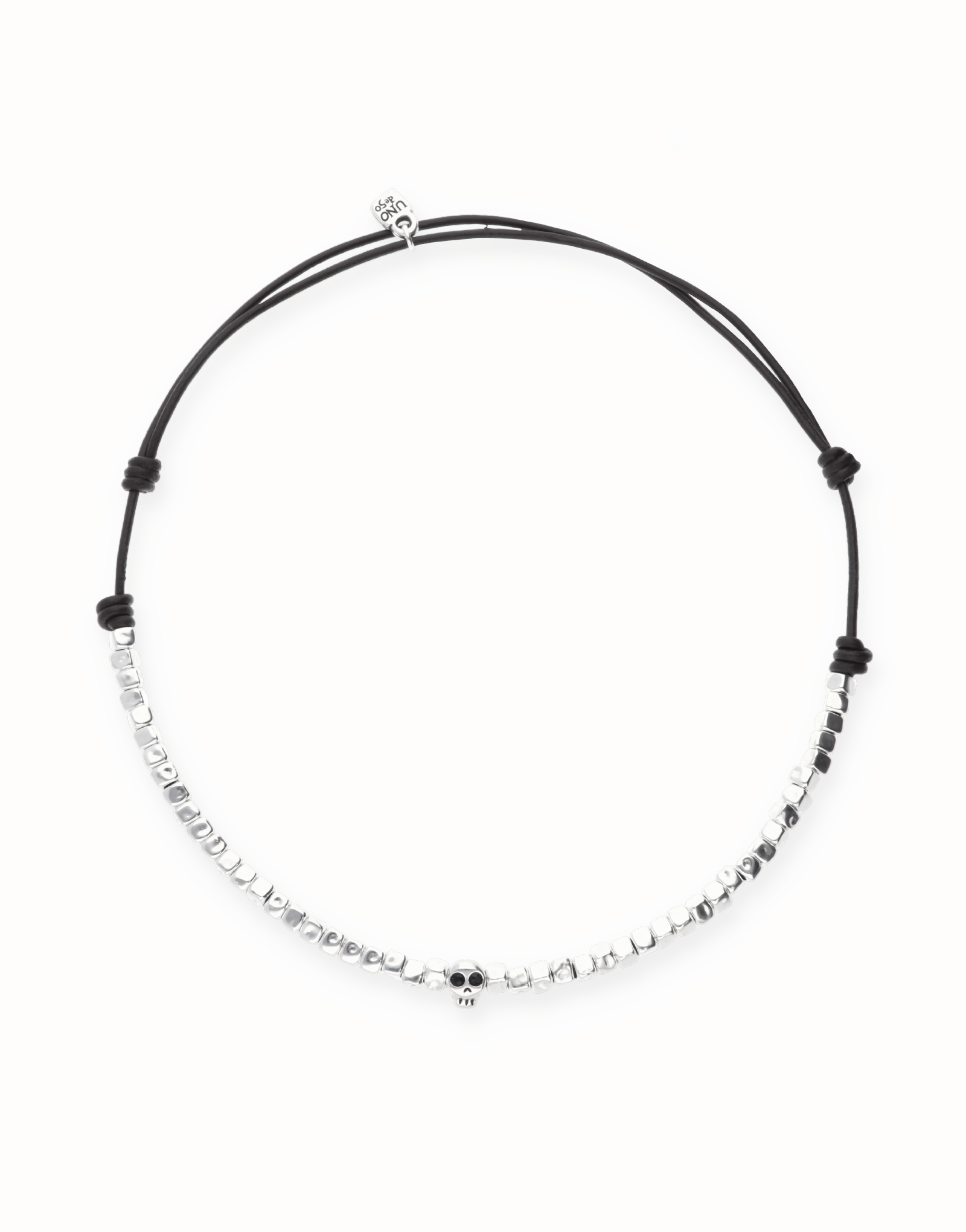 Leather necklace with beads and skull detail, Silver, large thumbnail