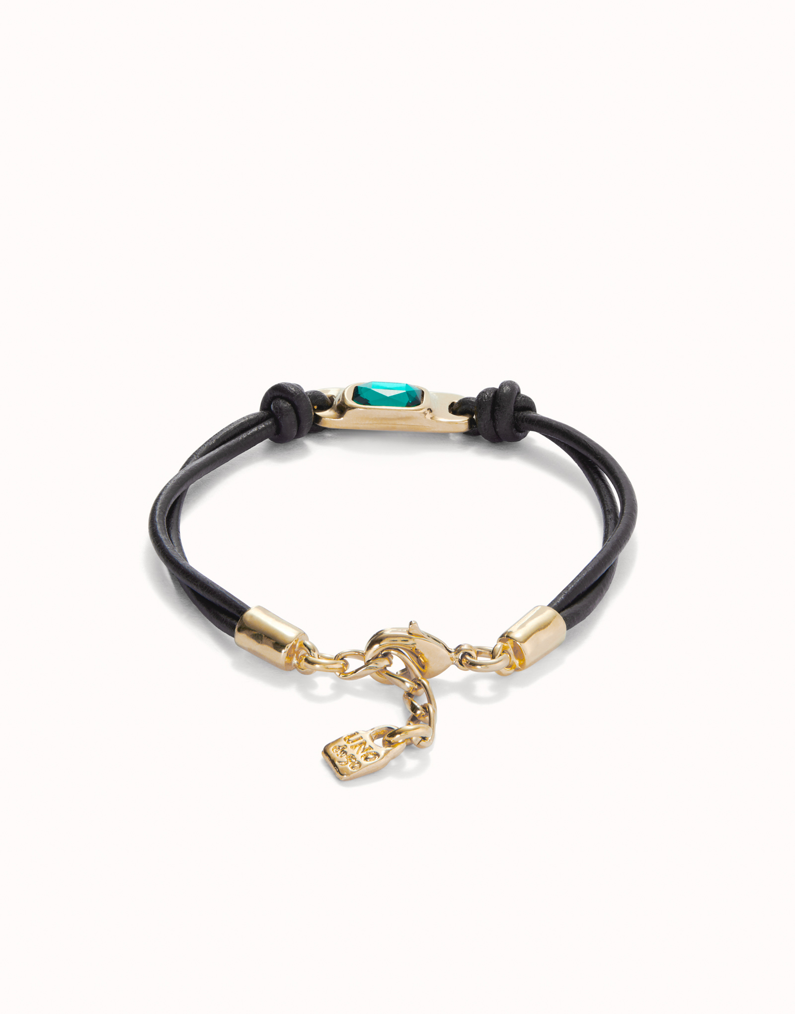 Leather bracelet with a green crystal, Golden, large thumbnail