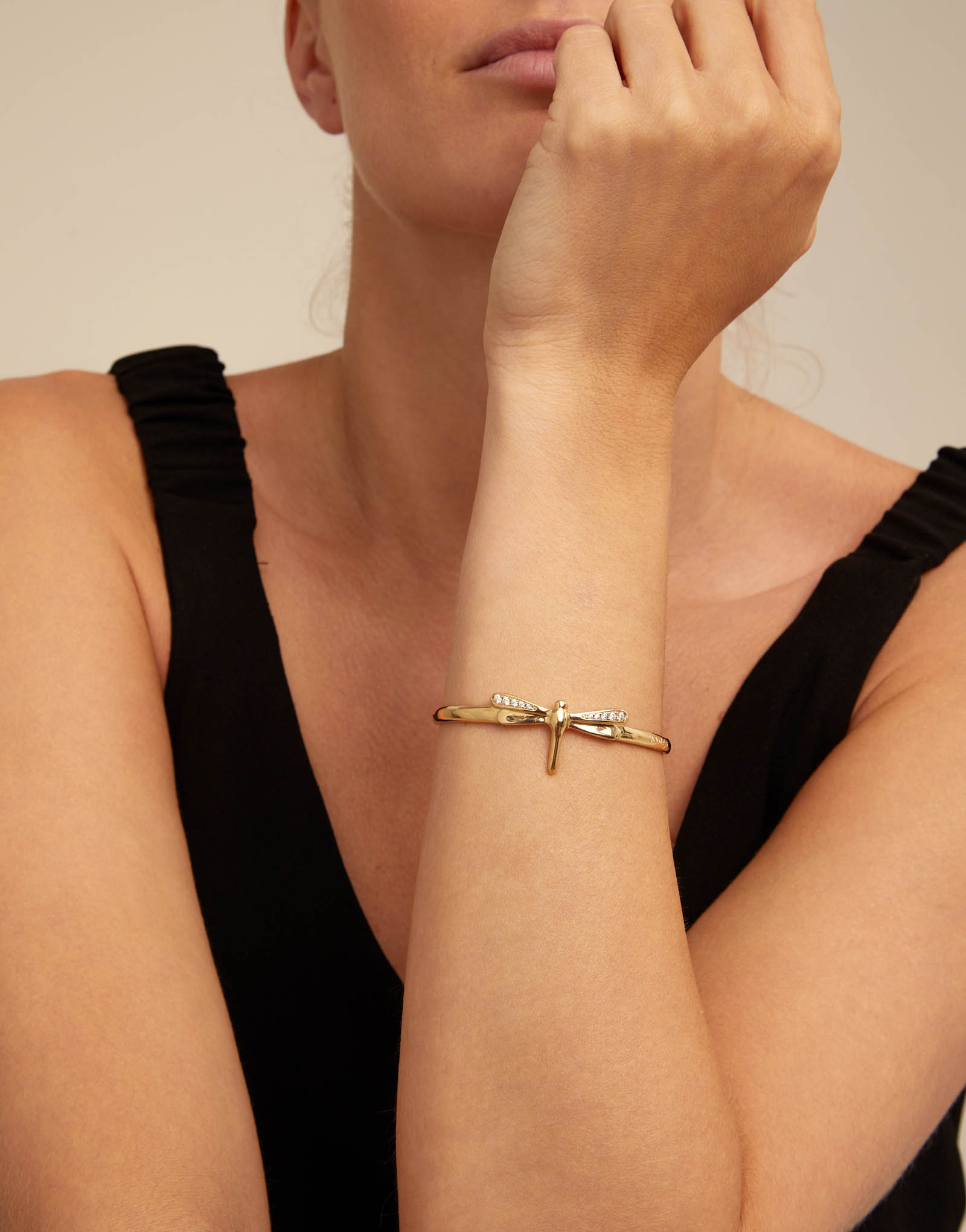 Dragonfly shaped cuff bracelet with topaz, Golden, large thumbnail