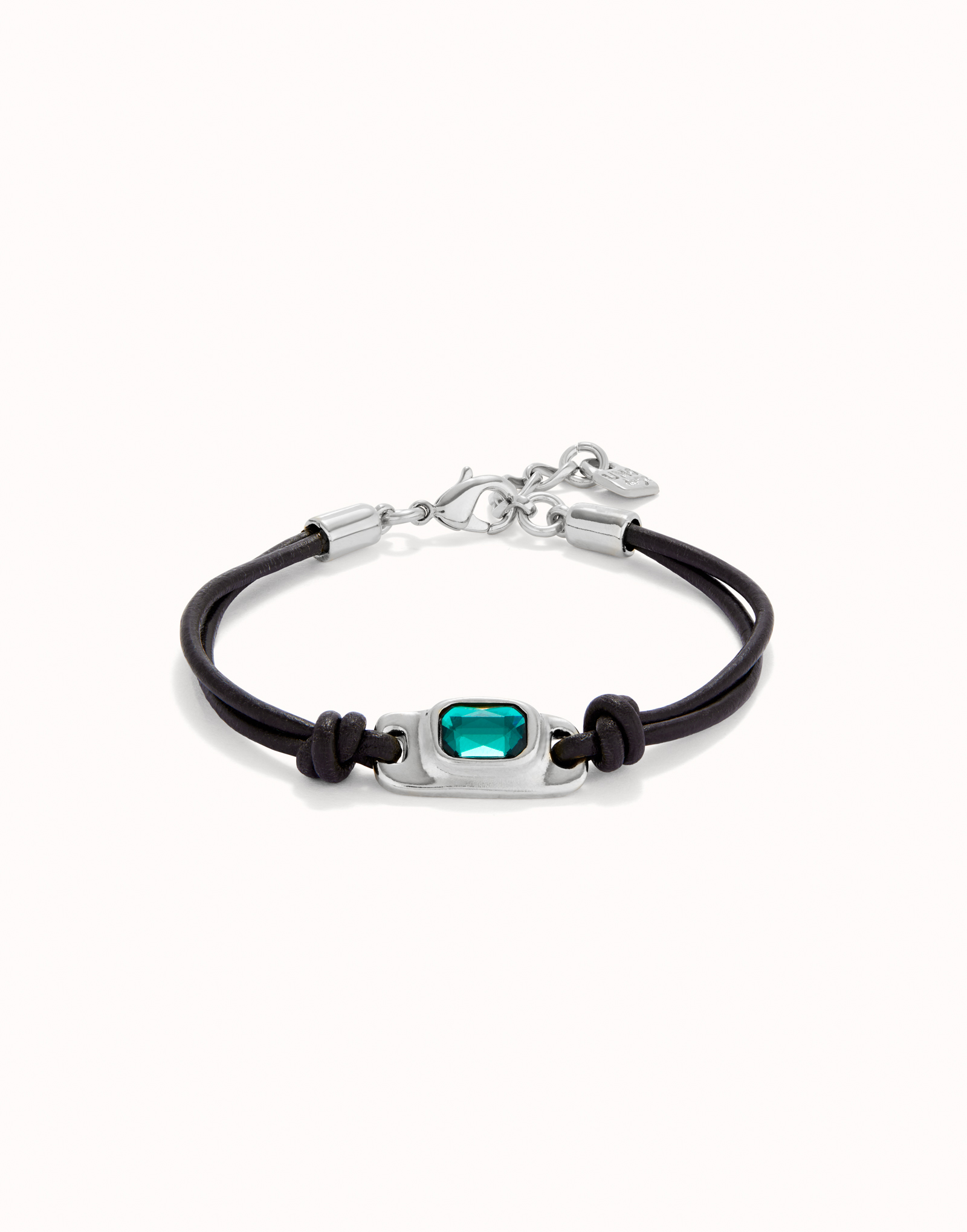 Pulsera de cuero bañada en plata de ley con cristal verde, Plateado, large thumbnail