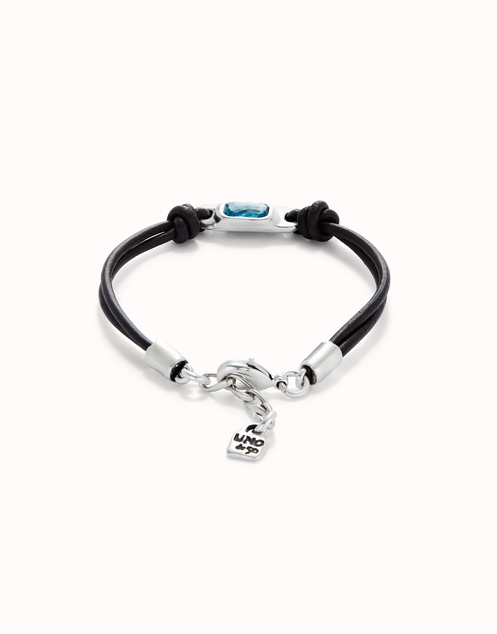 Leather bracelet with a blue  crystal, Silver, large thumbnail