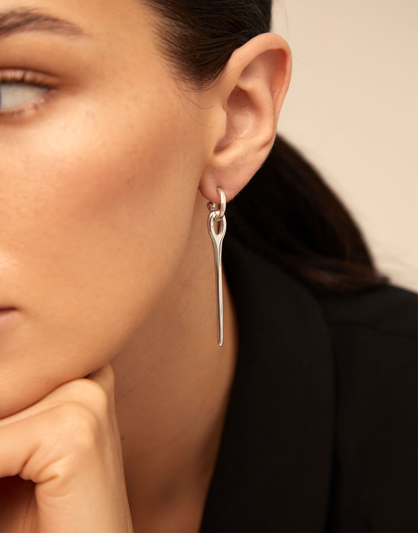 Needle and button earrings, Silver, large thumbnail