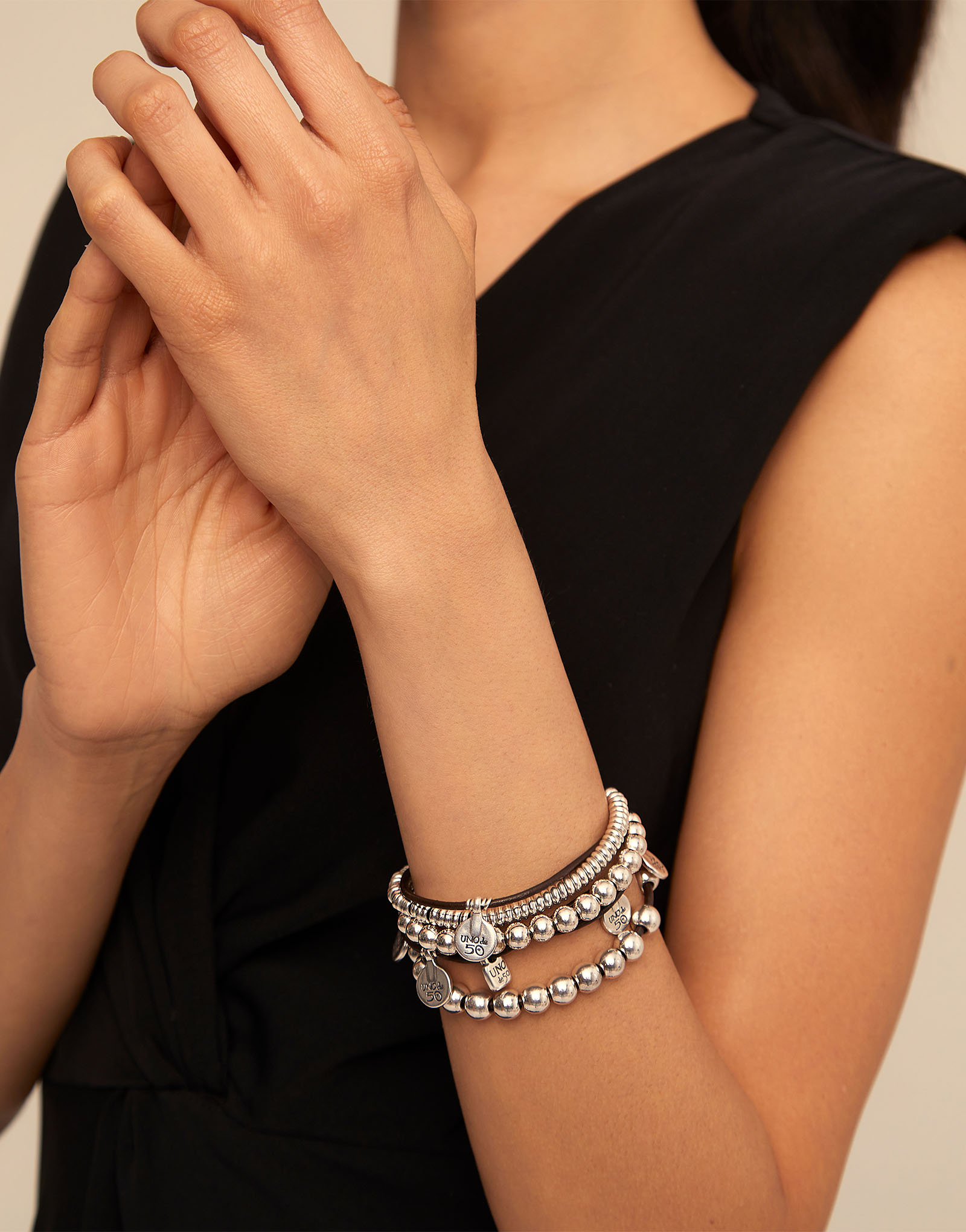 Leather beaded bracelet with charms, Silver, large thumbnail