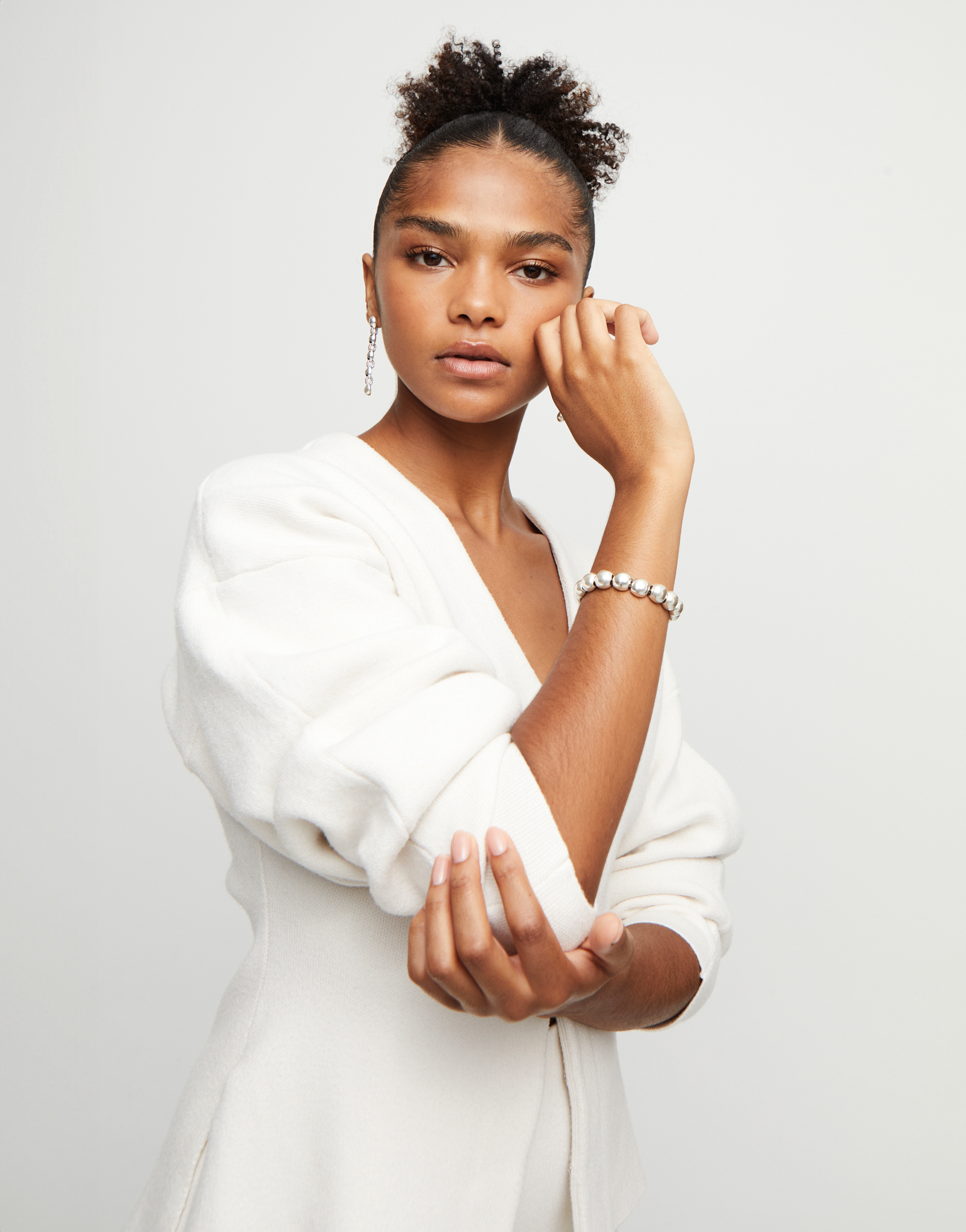 Leather bracelet with small round beads, Silver, large thumbnail