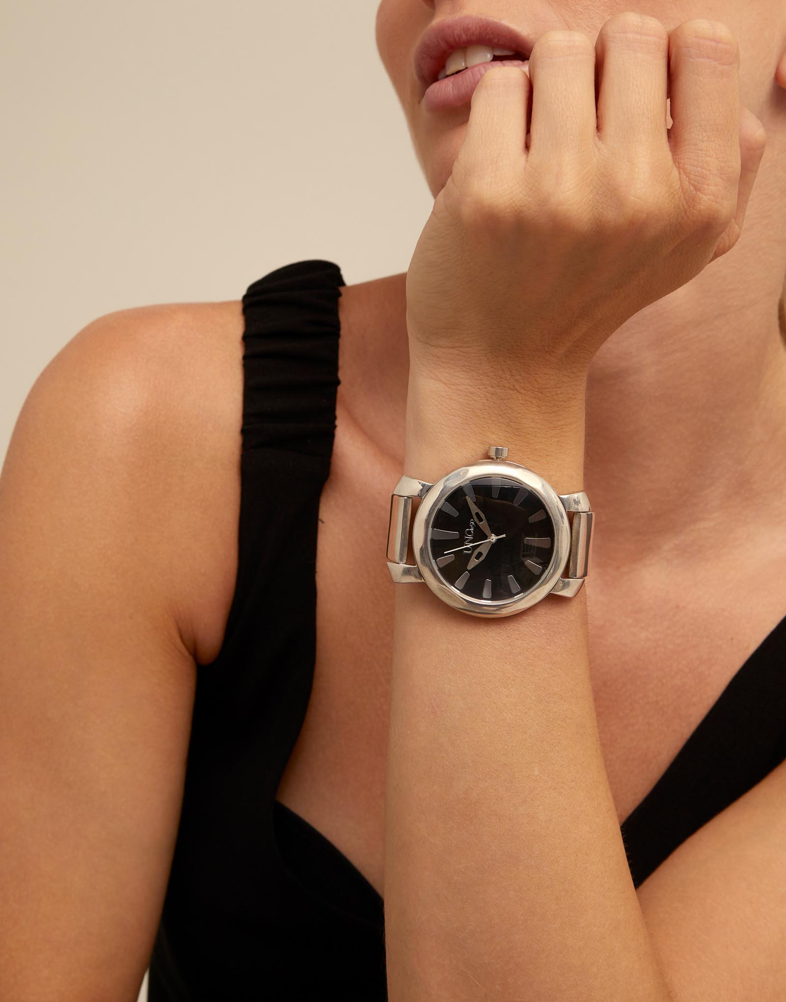 Silver plated watch with black dial, Silver, large thumbnail