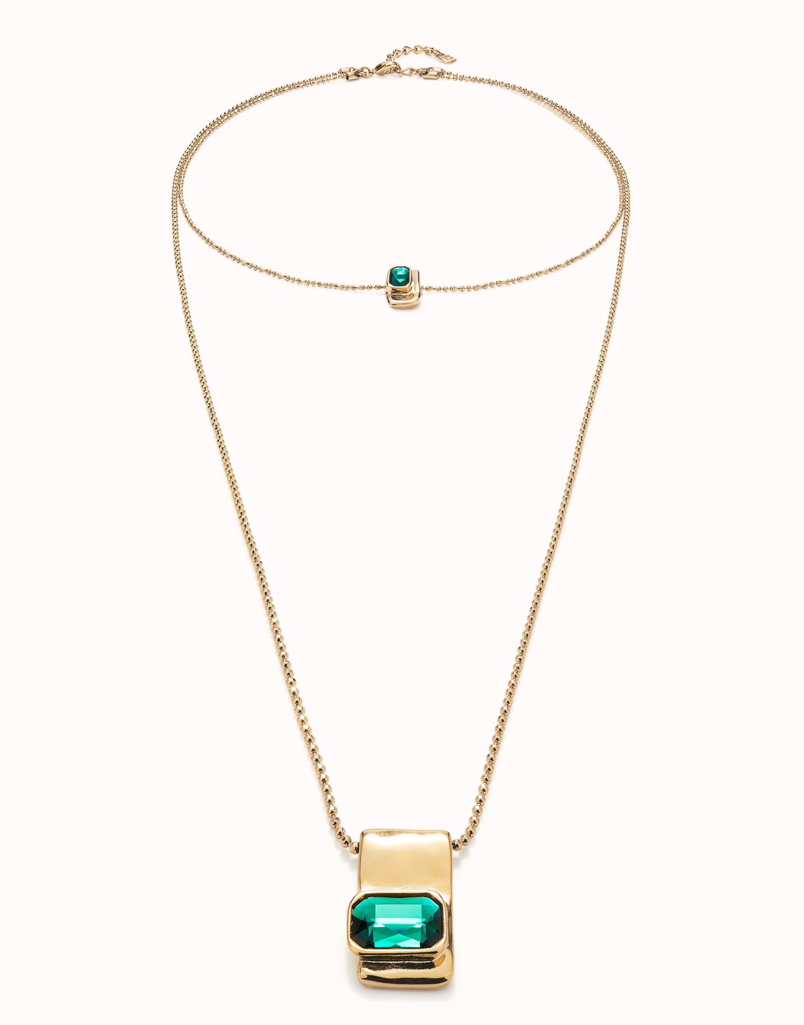 Double strand chain necklace with green crystals, Golden, large thumbnail