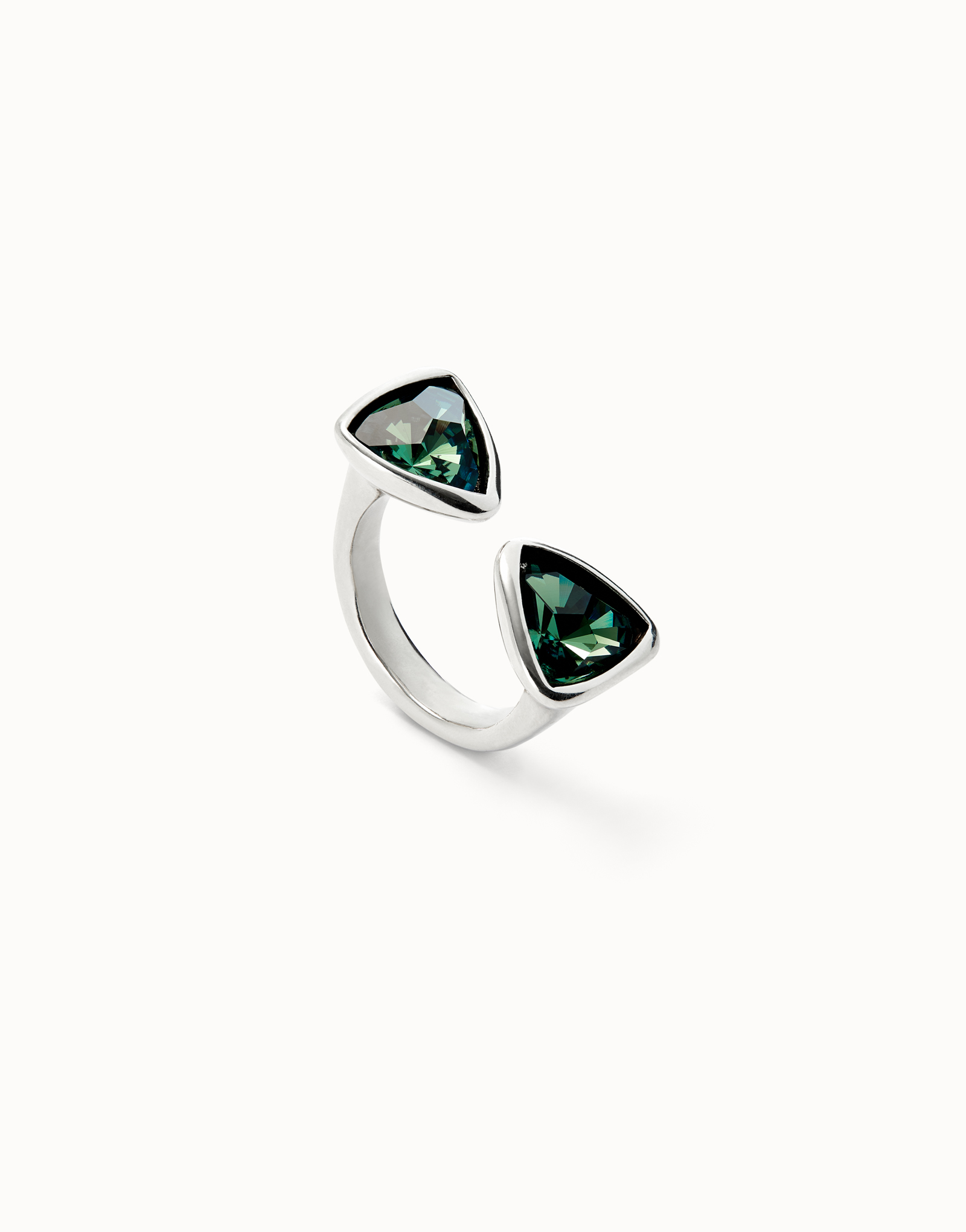 Triangular ring with two green crystals, Silver, large thumbnail