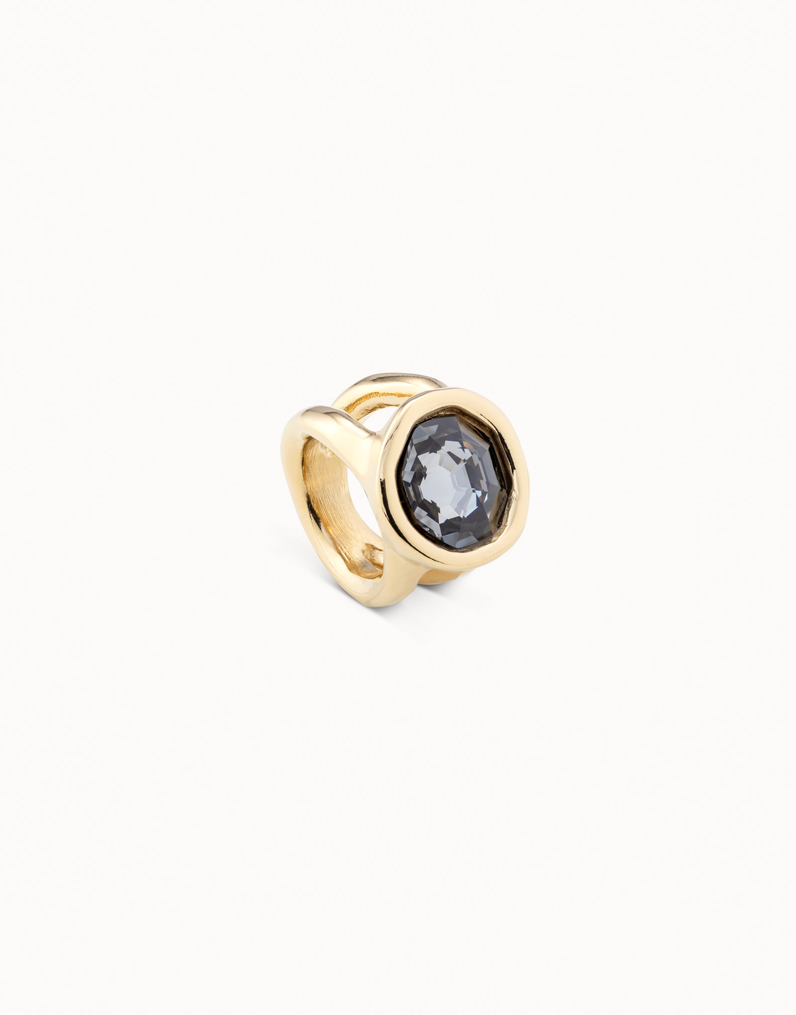 18K gold-plated ring with gray crystal, Golden, large thumbnail