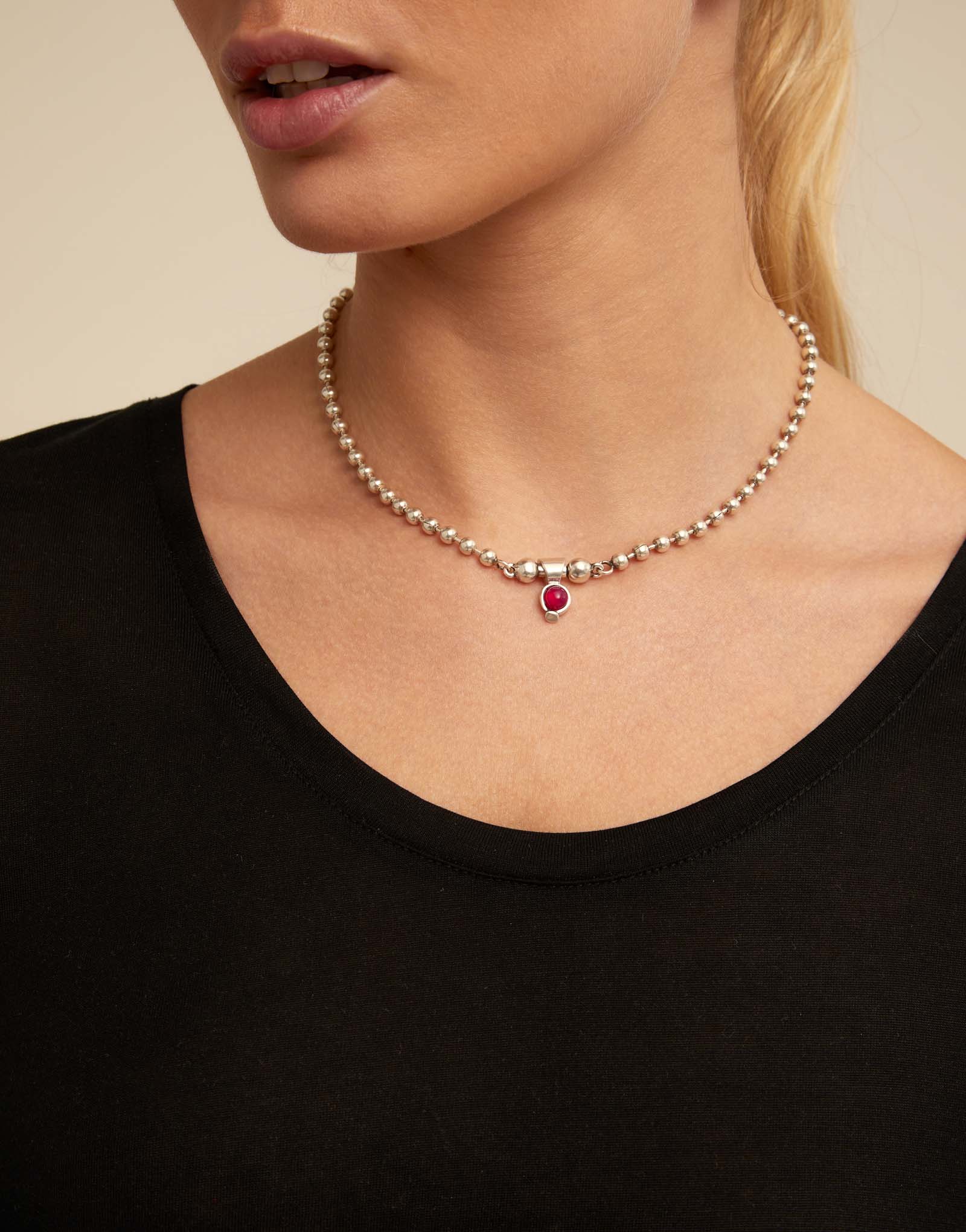 Short beaded chain charm necklace, Silver, large thumbnail