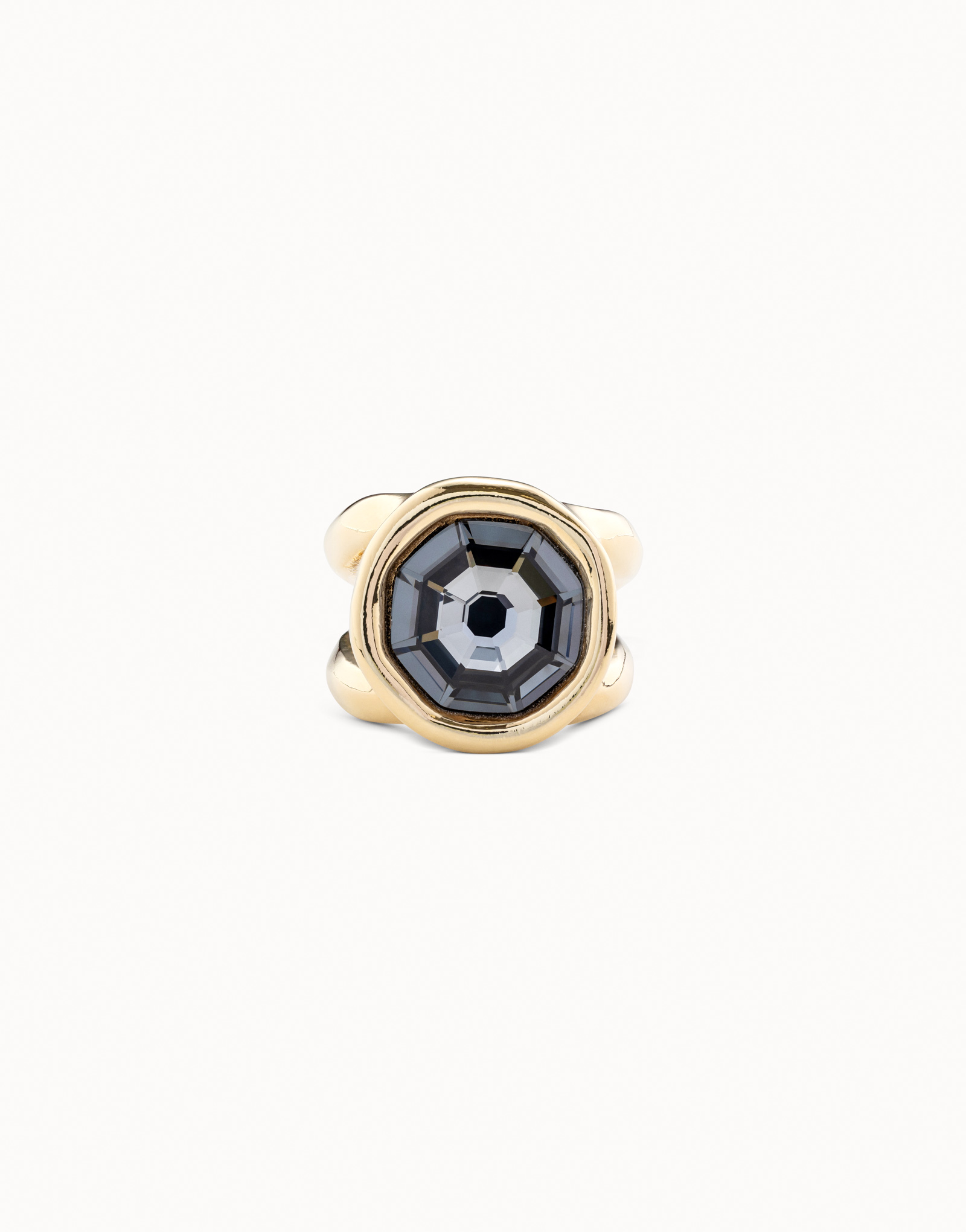 18K gold-plated ring with gray crystal, Golden, large thumbnail