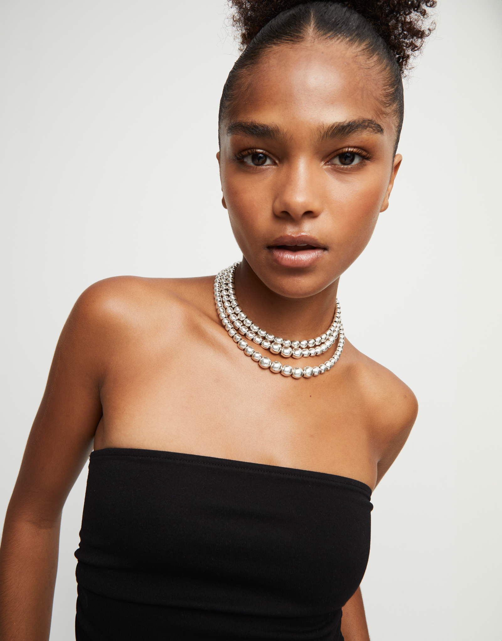 Three strand short beaded necklace, Silver, large thumbnail