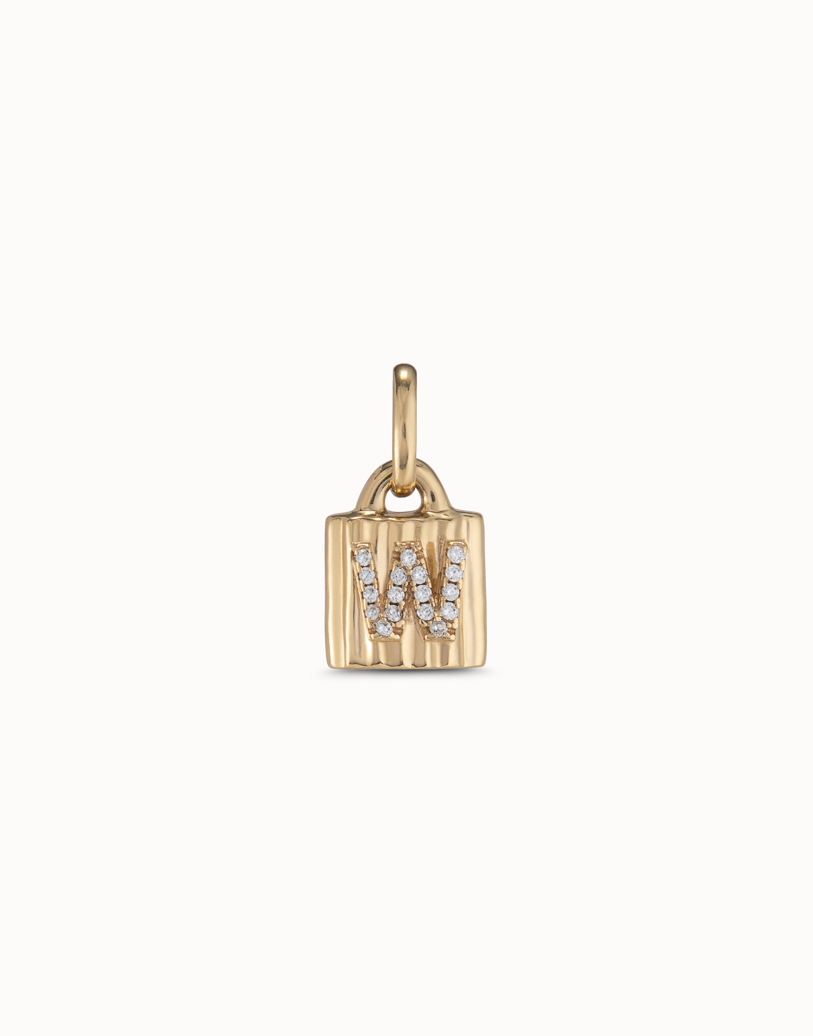 18K gold-plated padlock charm with topaz letter W, Golden, large thumbnail