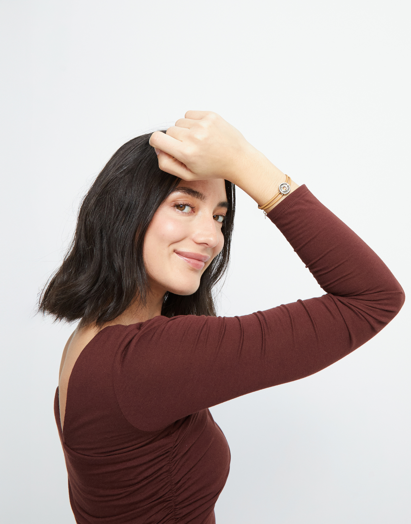 Bracelet double en cuir crème avec œil plaqué argent, Argent, large thumbnail