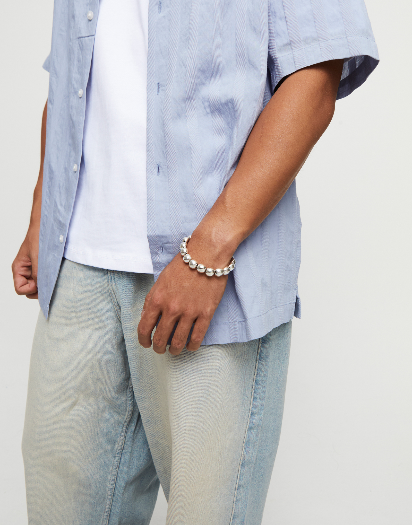 Leather bracelet with small round beads, Silver, large thumbnail