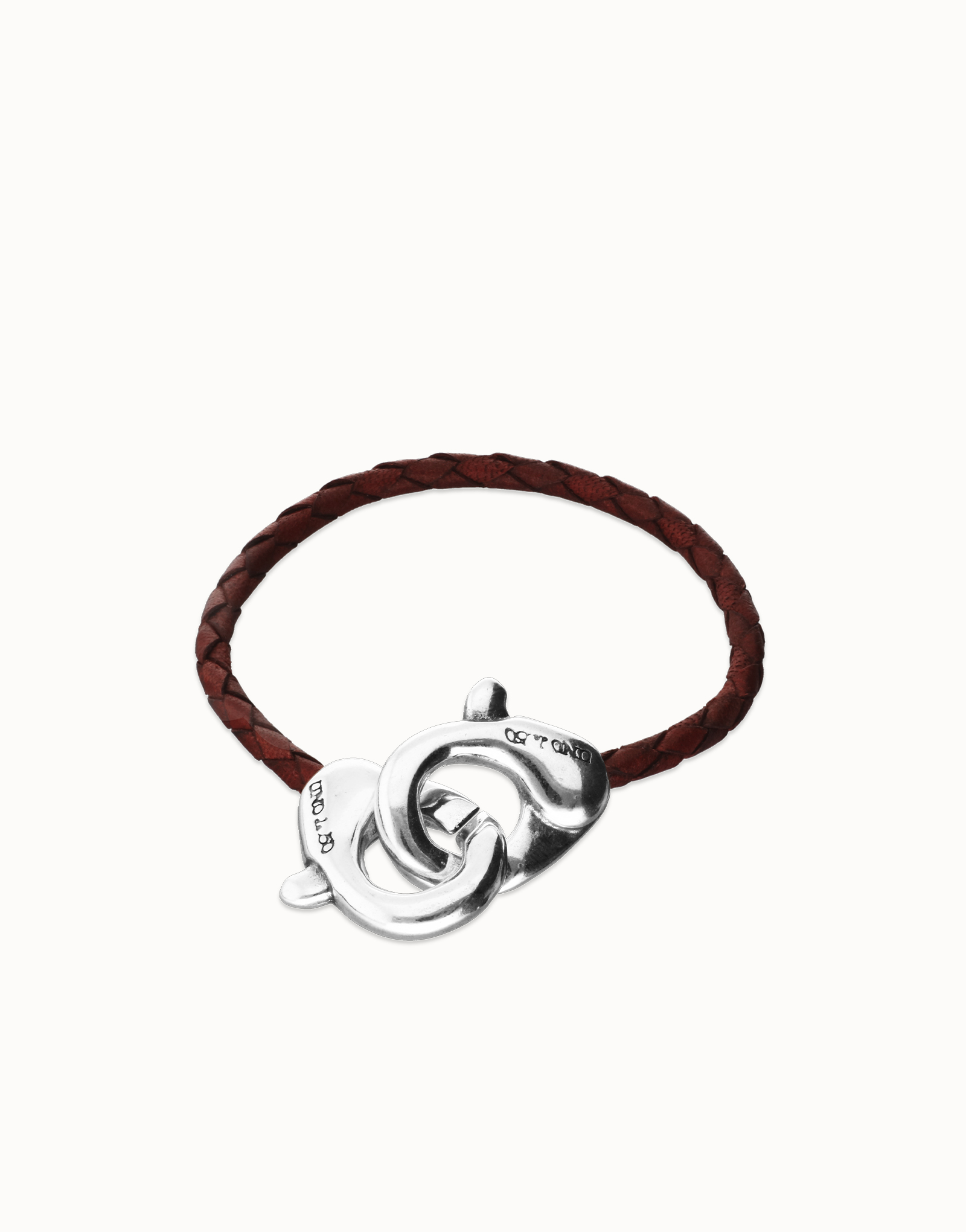 Brown leather bracelet with interlocking carabiner, Silver, large thumbnail