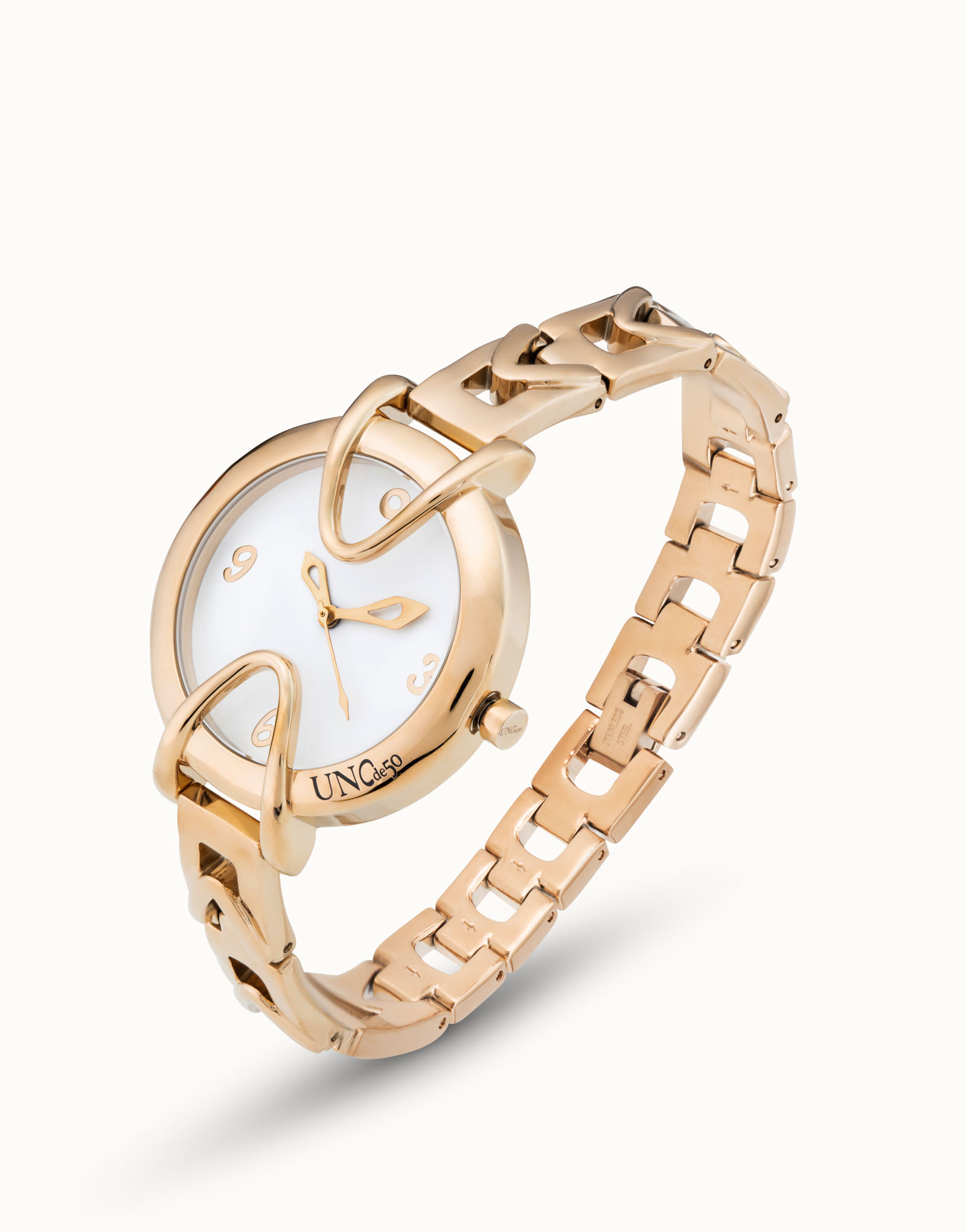 18K gold-plated watch with metal strap and round white dial, Golden, large thumbnail