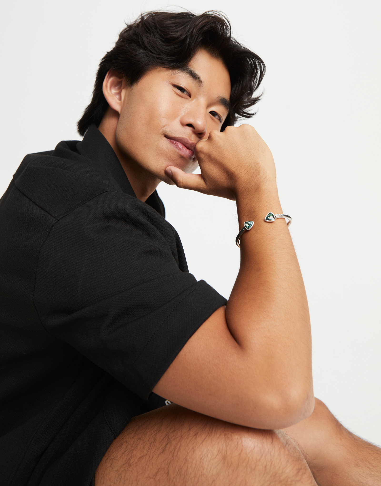 Cuff bracelet with two green  crystals, Silver, large thumbnail