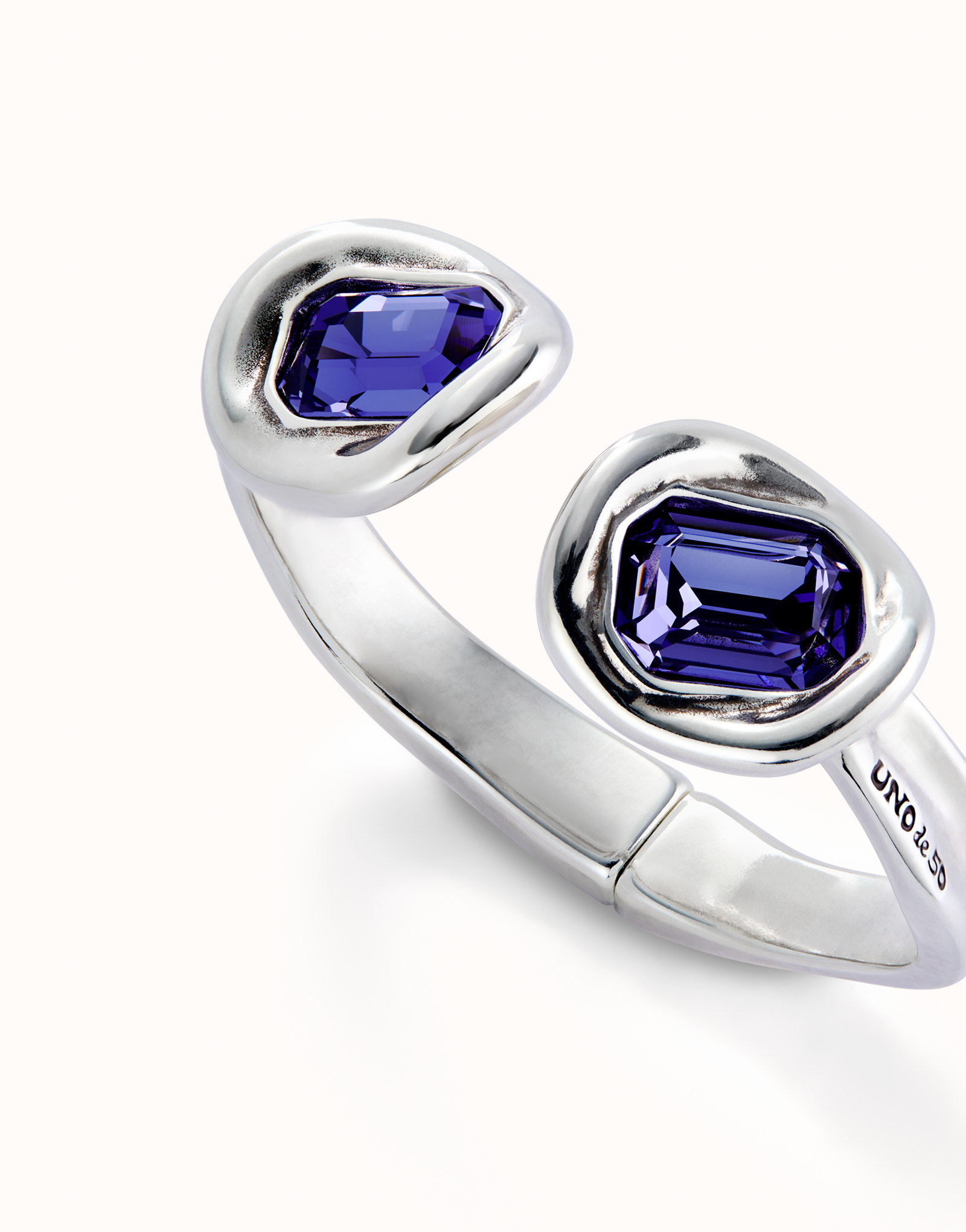 Bangle bracelet with two purple crystals, Silver, large thumbnail