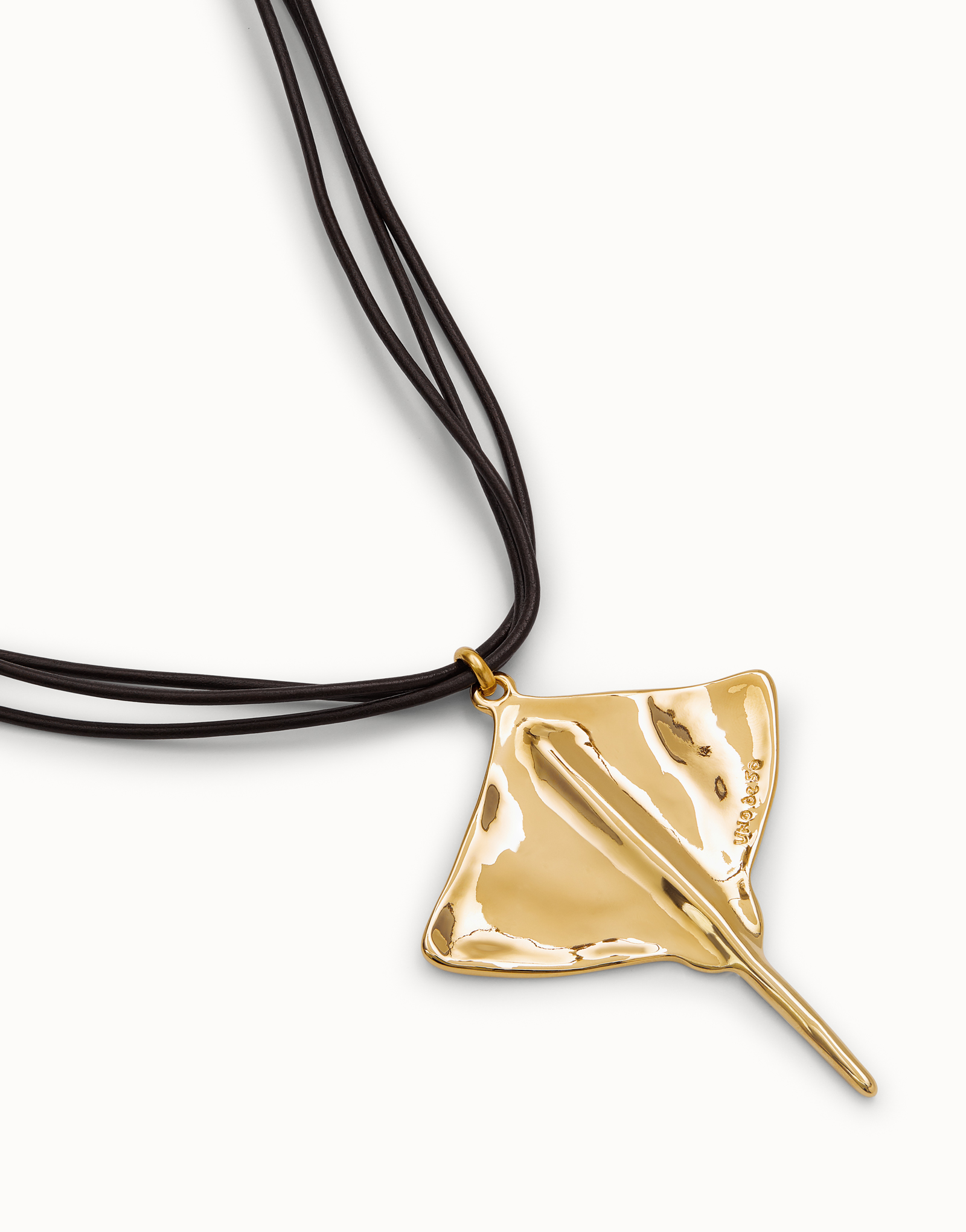 Long leather necklace pendant with manta ray, Golden, large thumbnail
