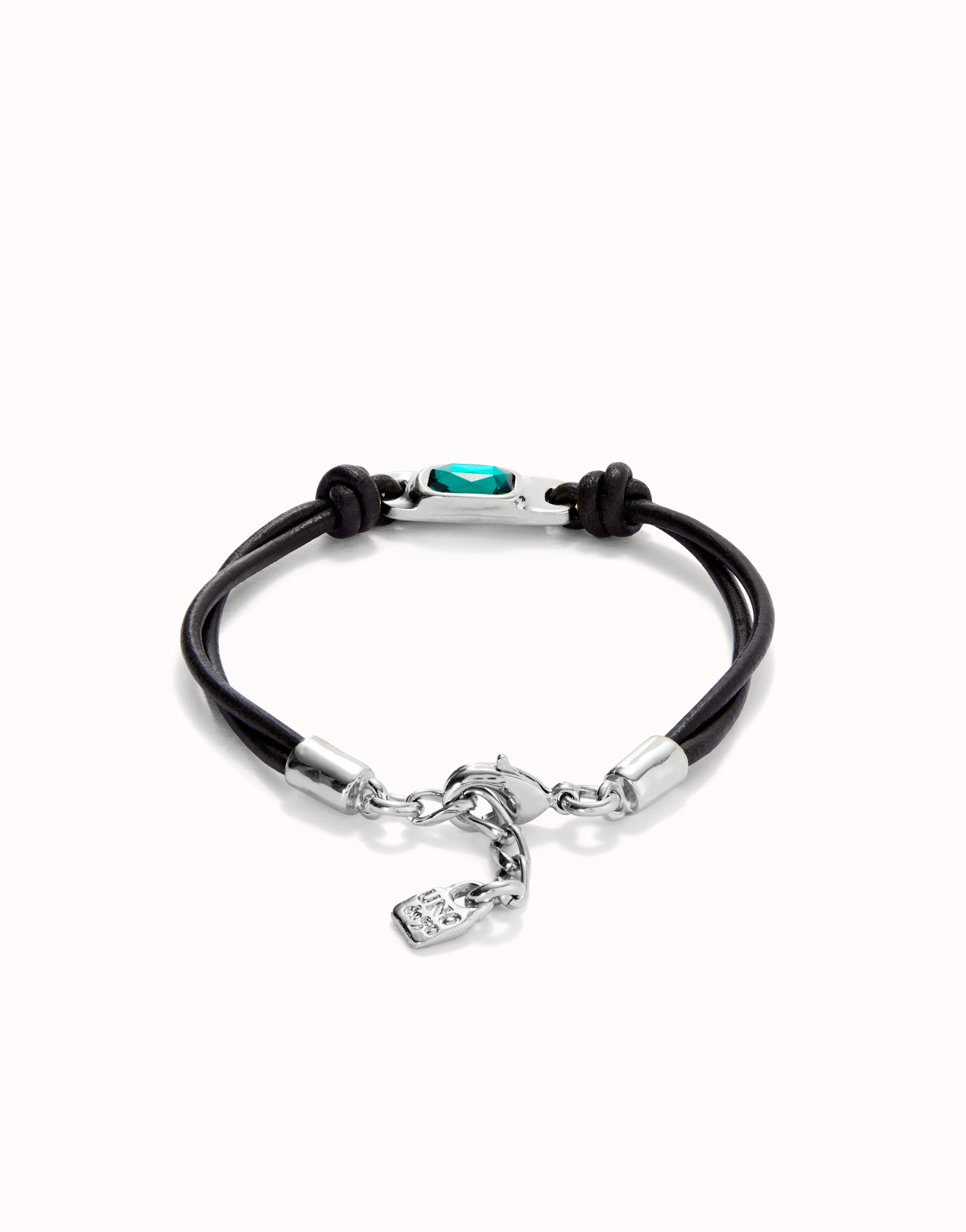 Pulsera de cuero bañada en plata de ley con cristal verde, Plateado, large thumbnail