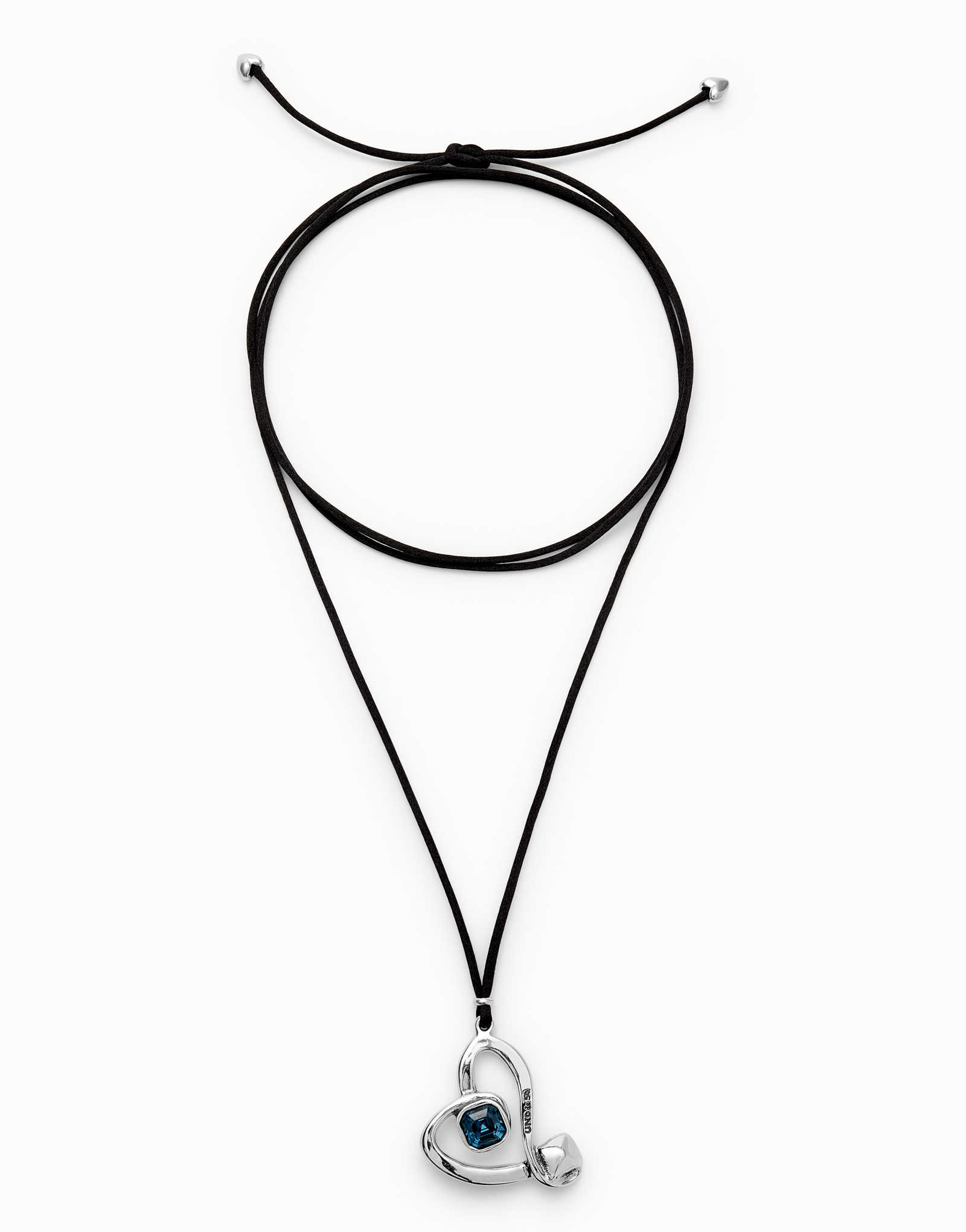 Long pendant and central heart with blue crystal, Silver, large thumbnail