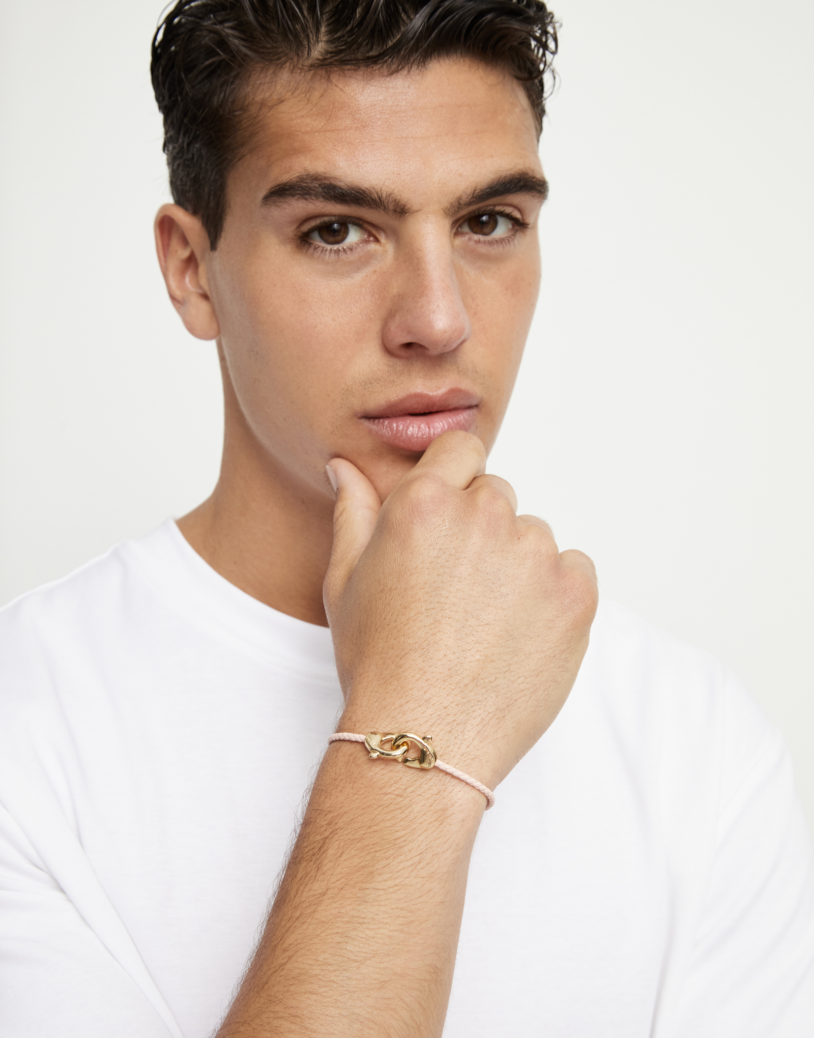 Pink leather bracelet with interlaced carabiner, Golden, large thumbnail